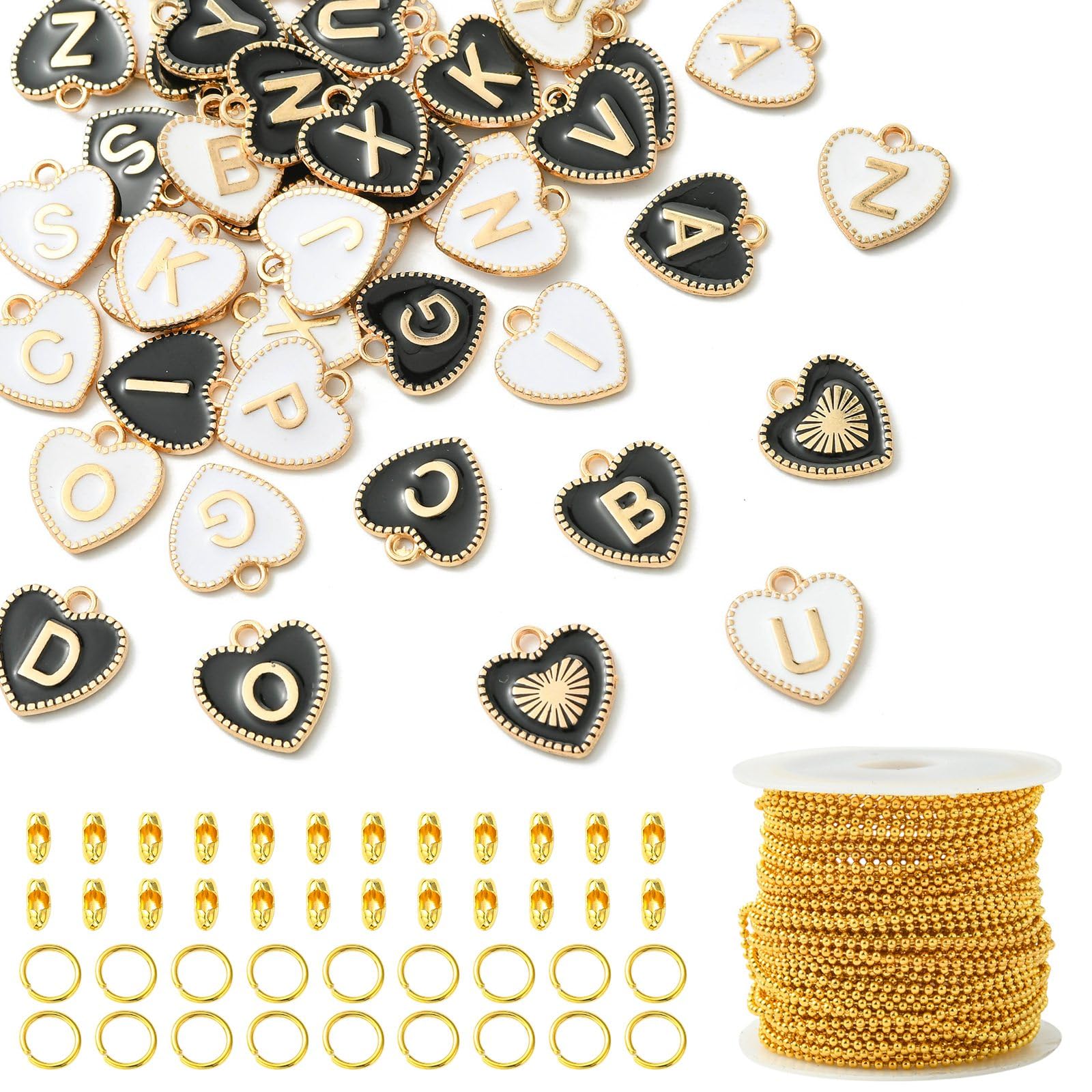 Stiesy 52Pcs Letter Charms for Jewellery Making Initial A-Z Alphabet Enamel Charms Bulk Black White Capital Letter Jewelry Kits with Brass Ball Chain for DIY Crafts Bracelets Necklaces Making