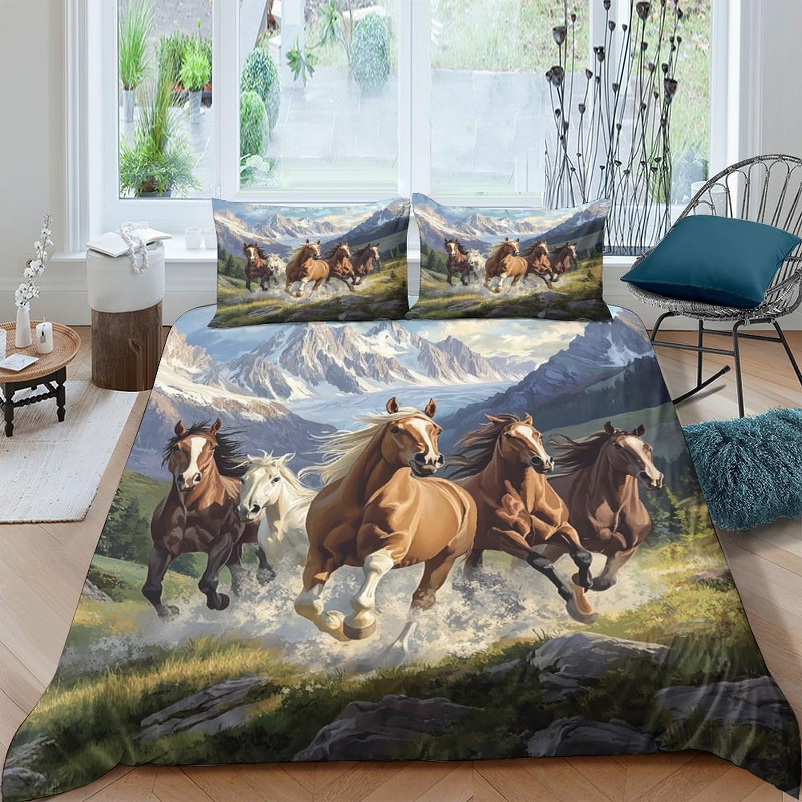 Ctjqhvkz Style-9 3D Printed Running Horse Fitted Sheet Microfiber Soft Western Landscape Mattress Cover For Bedroom Dorm Mattress Protection Decor Single（135X200cm）