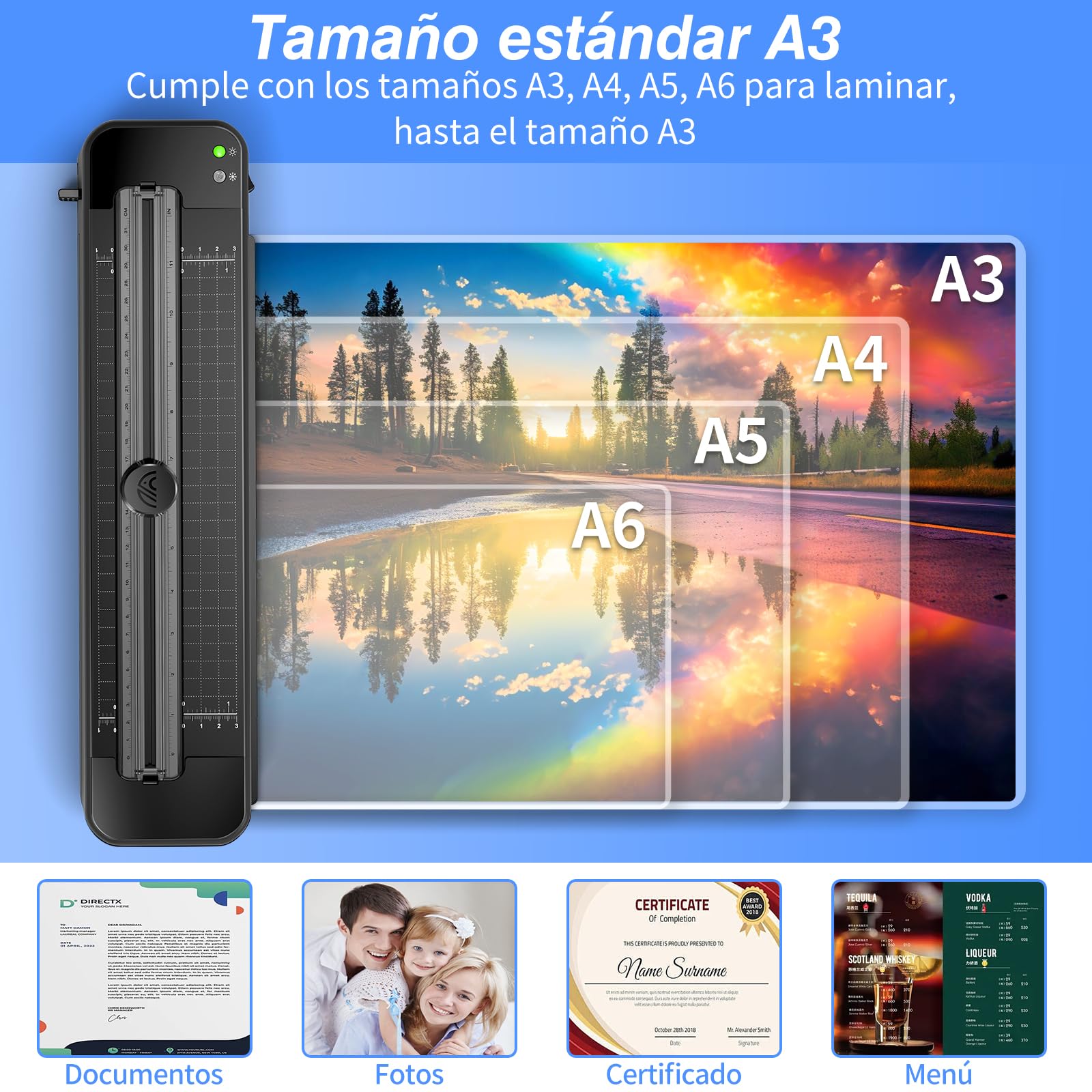 Plastificadora A3 con sistema antiatascos de ABS con 30 hojas para A3 A4 A5 A6 - Laminadora en frío versátil para oficina, hogar y escuela