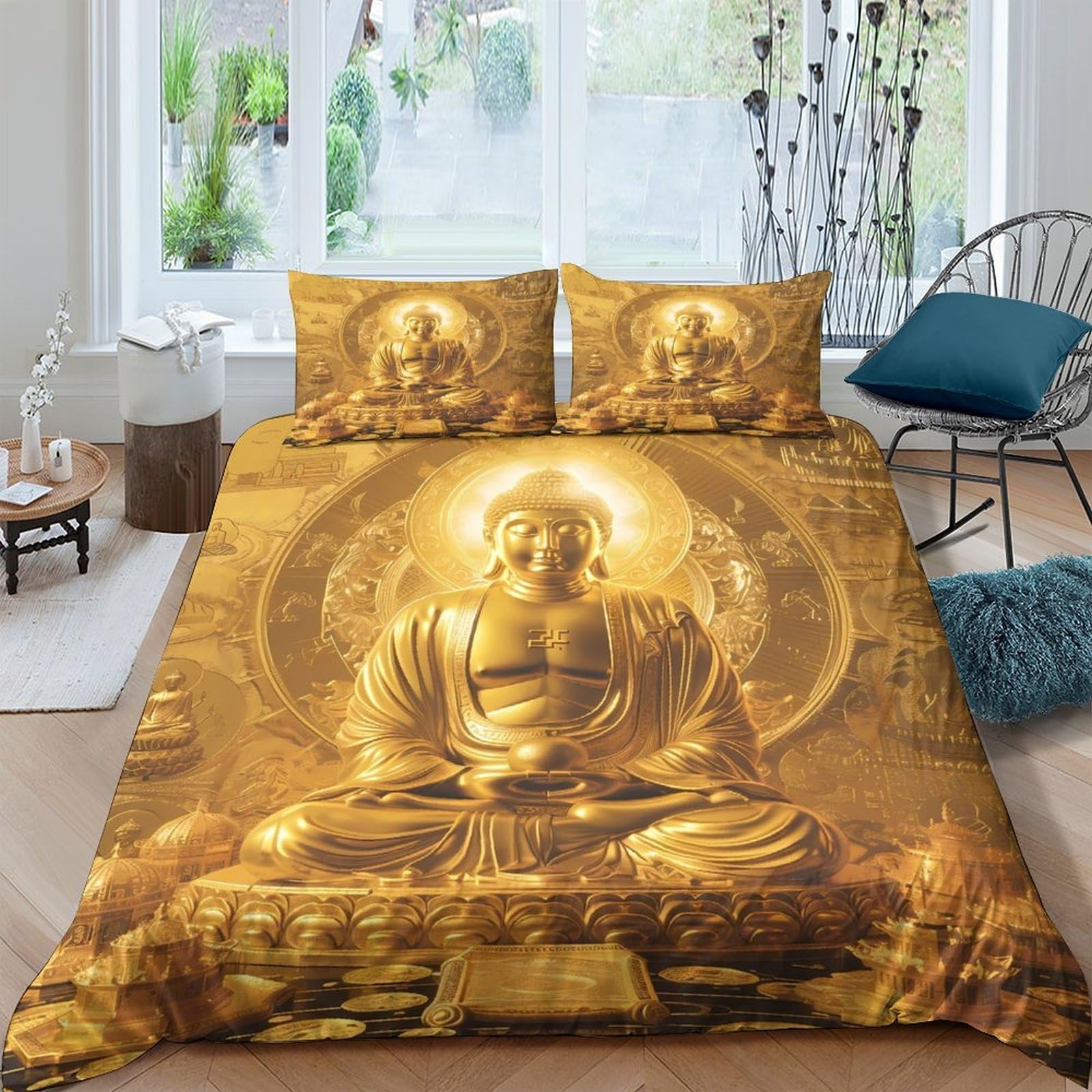 GPLZQXKJNH 3D Printed Golden Buddha Duvet Cover Microfiber Soft Breathable Sacred Statue Bedding Set with 2 Pillowcases for Bedroom Decor Single（135x200cm）