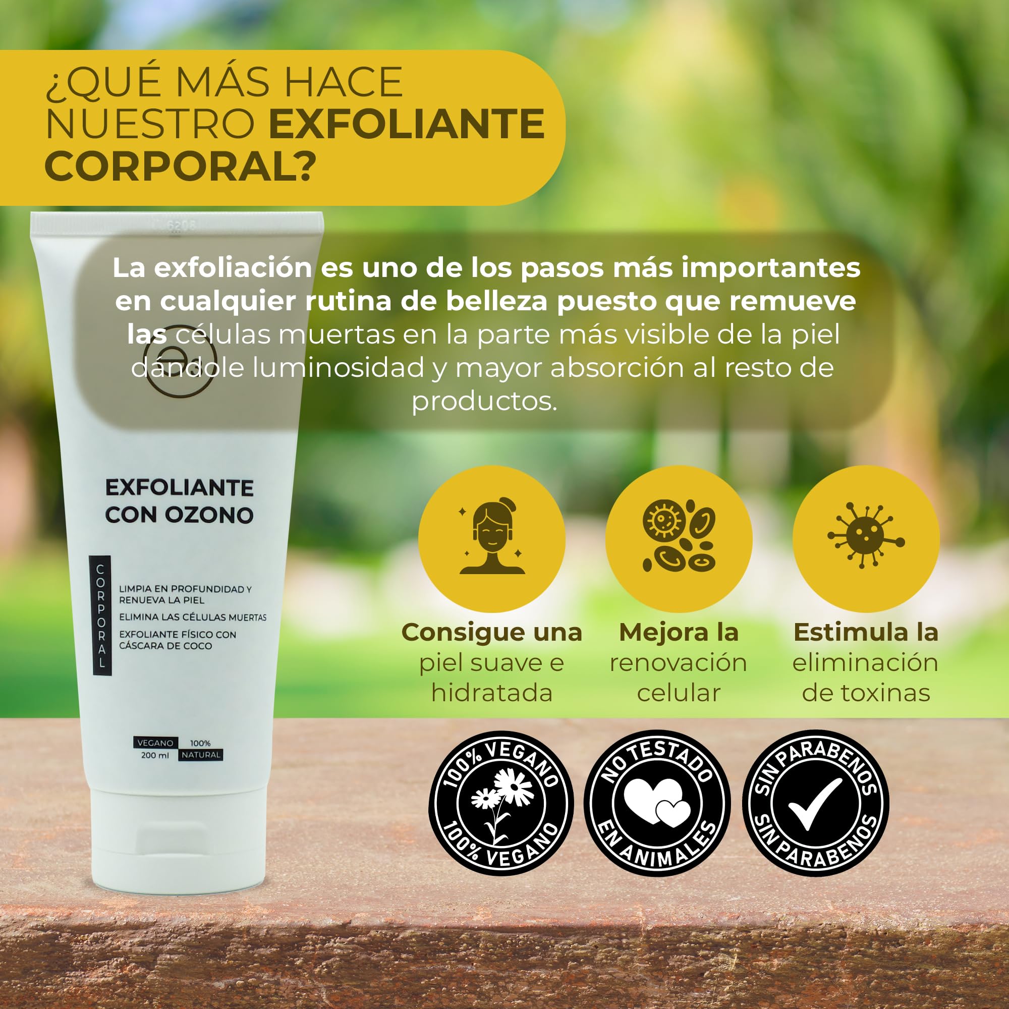 OZONO D'OR - Exfoliante Corporal con Ozono 100% Natural ECO., Trata la Piel Grasa Acné, Puntos Negros, Manchas, Poros Obstruidos | Peeling Corporal Elimina la Piel Muerta, Piel Sensible. 200 ml