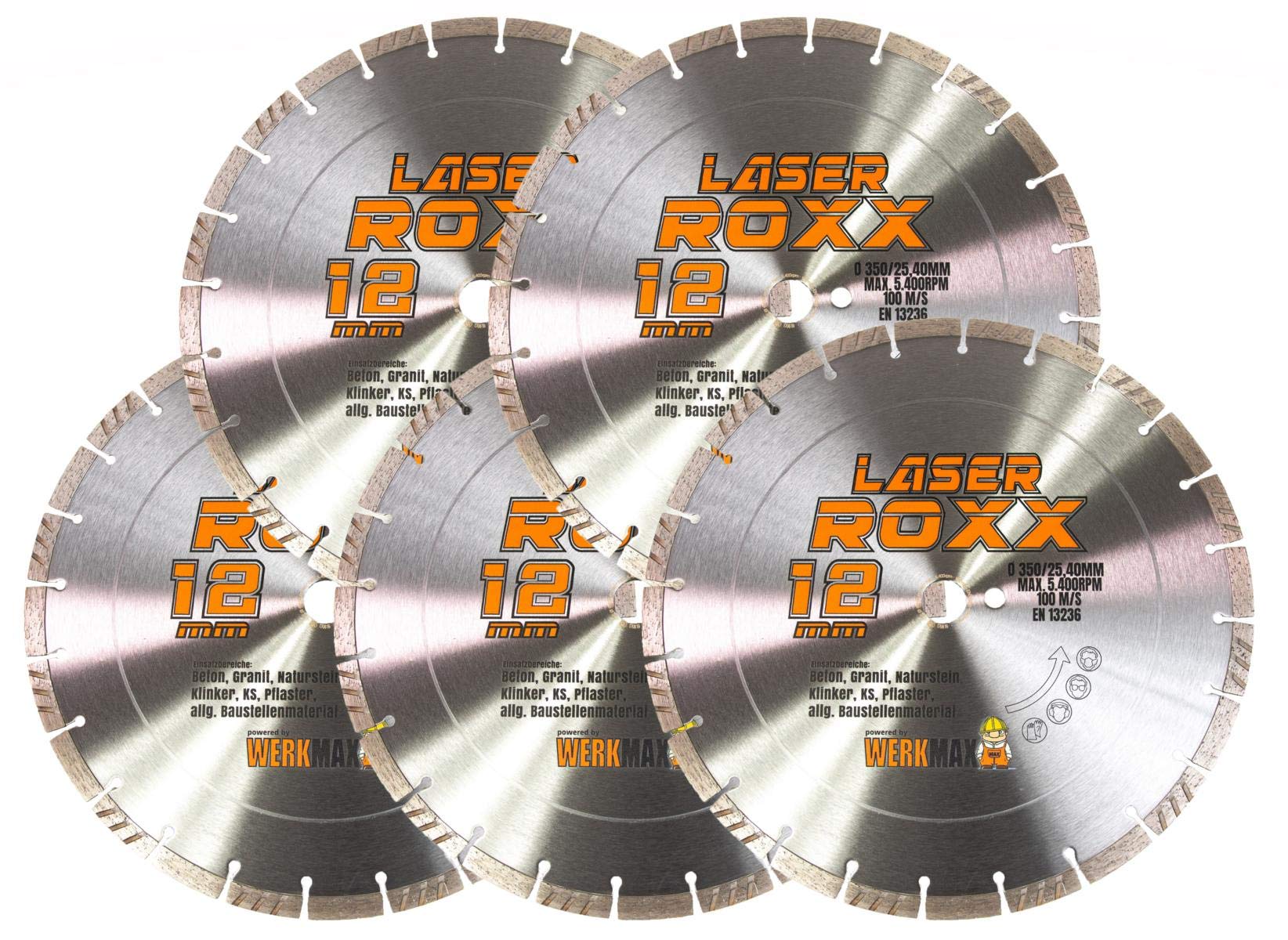Werkmax Laser Roxx - Juego de 5 discos de diamante para hormigón, granito, adoquines, ladrillos y más (350 x 25,4 mm)