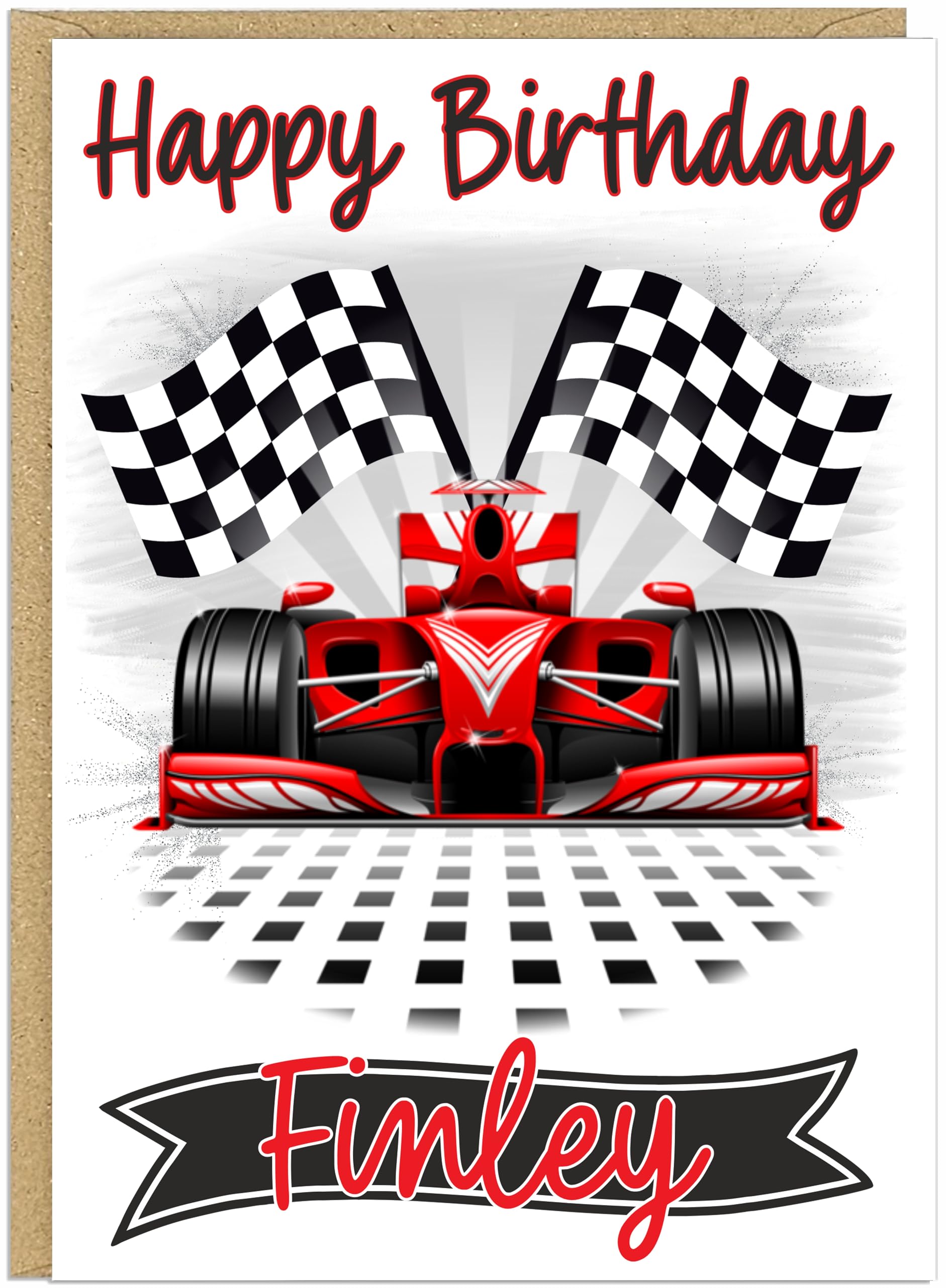 Personalised Racing Car Happy Birthday Cards for Boys - Custom Add Own Name 6 Designs Race Car Balloons Driver Trophy Race Track - For Son Brother Friend Cousin Nephew (Race Car 2)