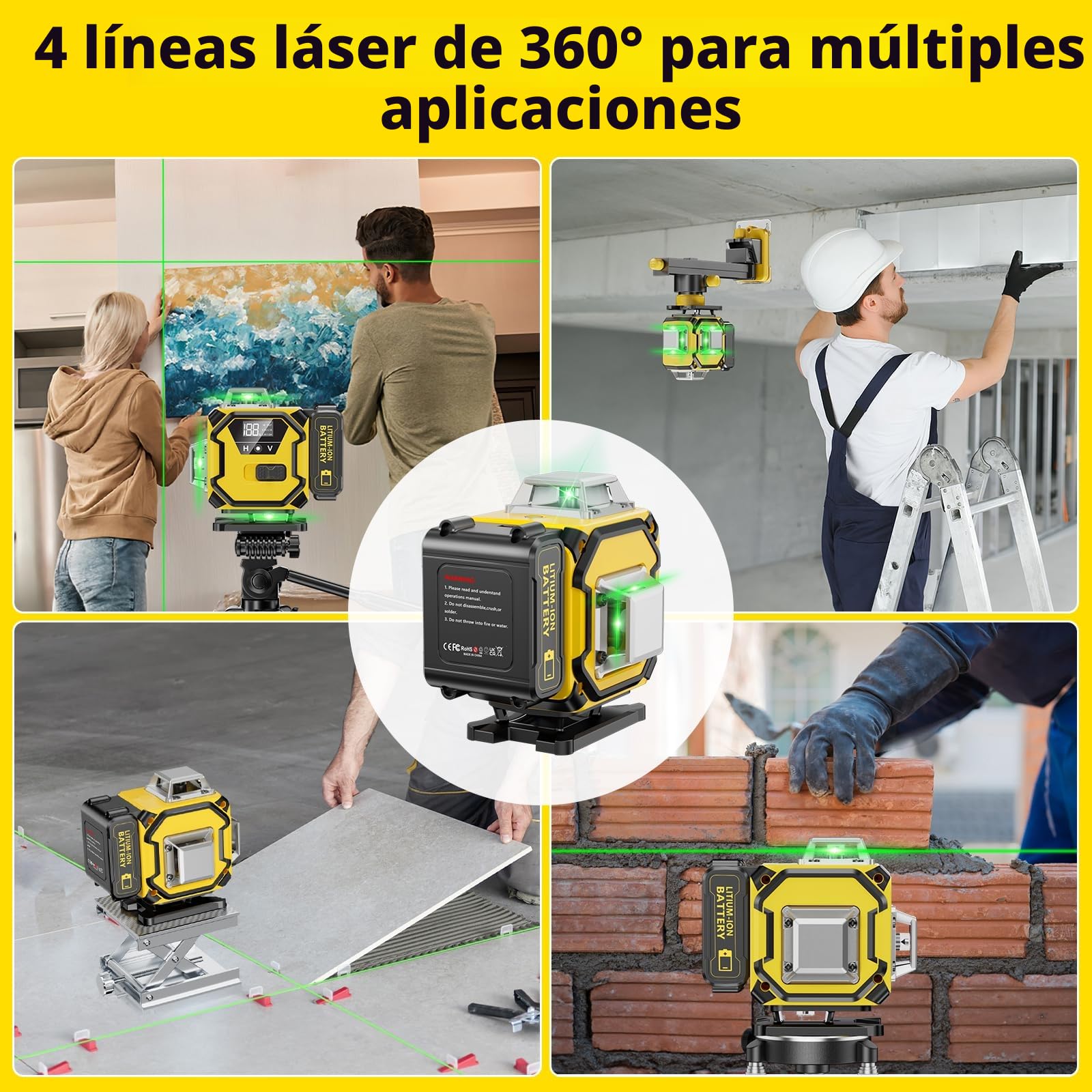Nivel Laser Autonivelante 360 Grados, Nivel Láser Verde 16 Líneas, 2 x 360 Horizontal y 2 x 360 Verticales, 2 x Batería, Montaje en Pared, Control Remoto, Base Magnética, Soporte Giratorio