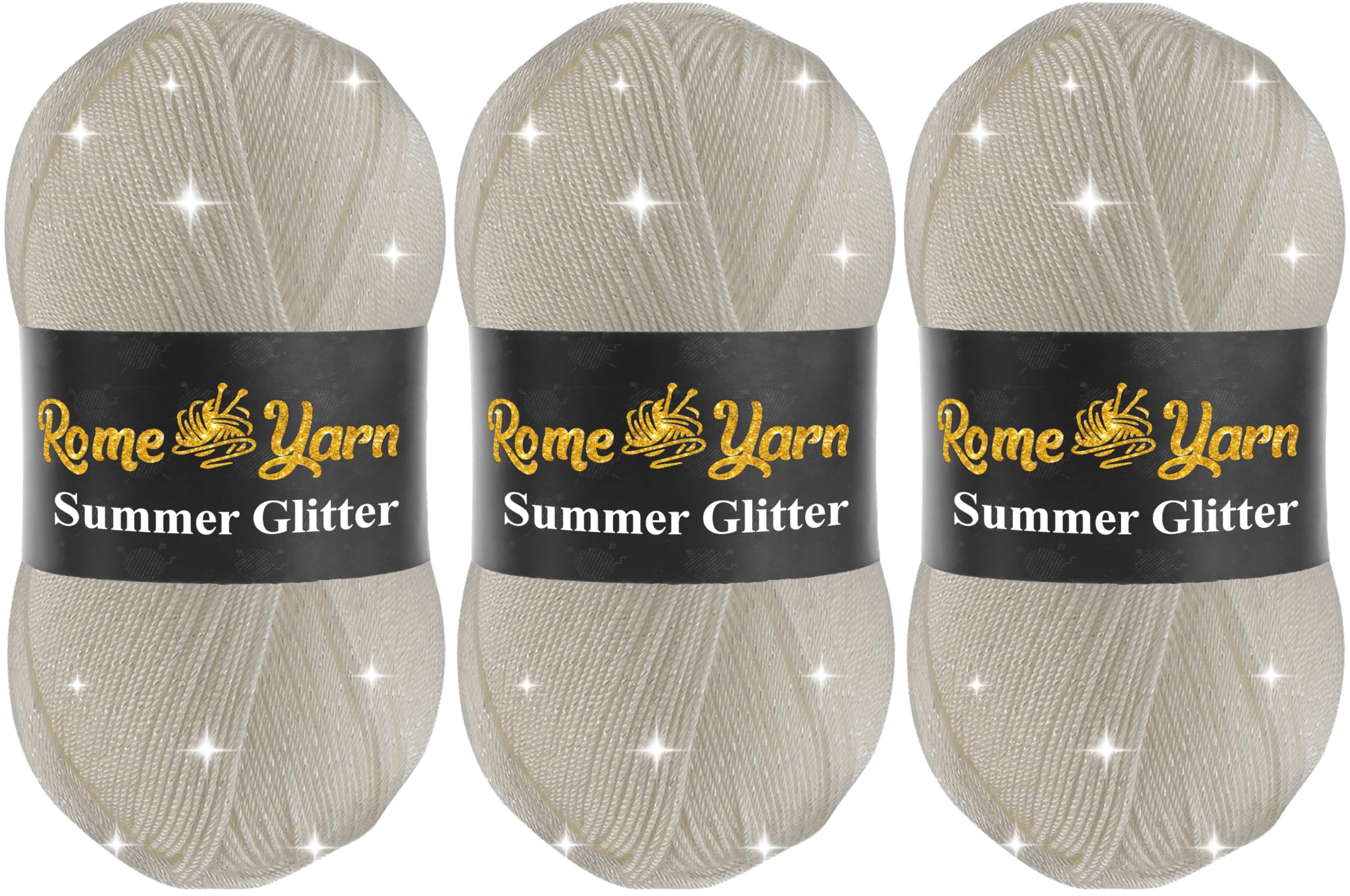 Summer Glitter Yarn 3 Pack (3 x 100g) | Metallic Sparkle Lace Yarn | Soft Anti-Pilling Acrylic Microfiber | Fine Yarn #2 | Silky Satin Texture | 340m Each for Knitting & Crochet (19 Ecru) — image 1