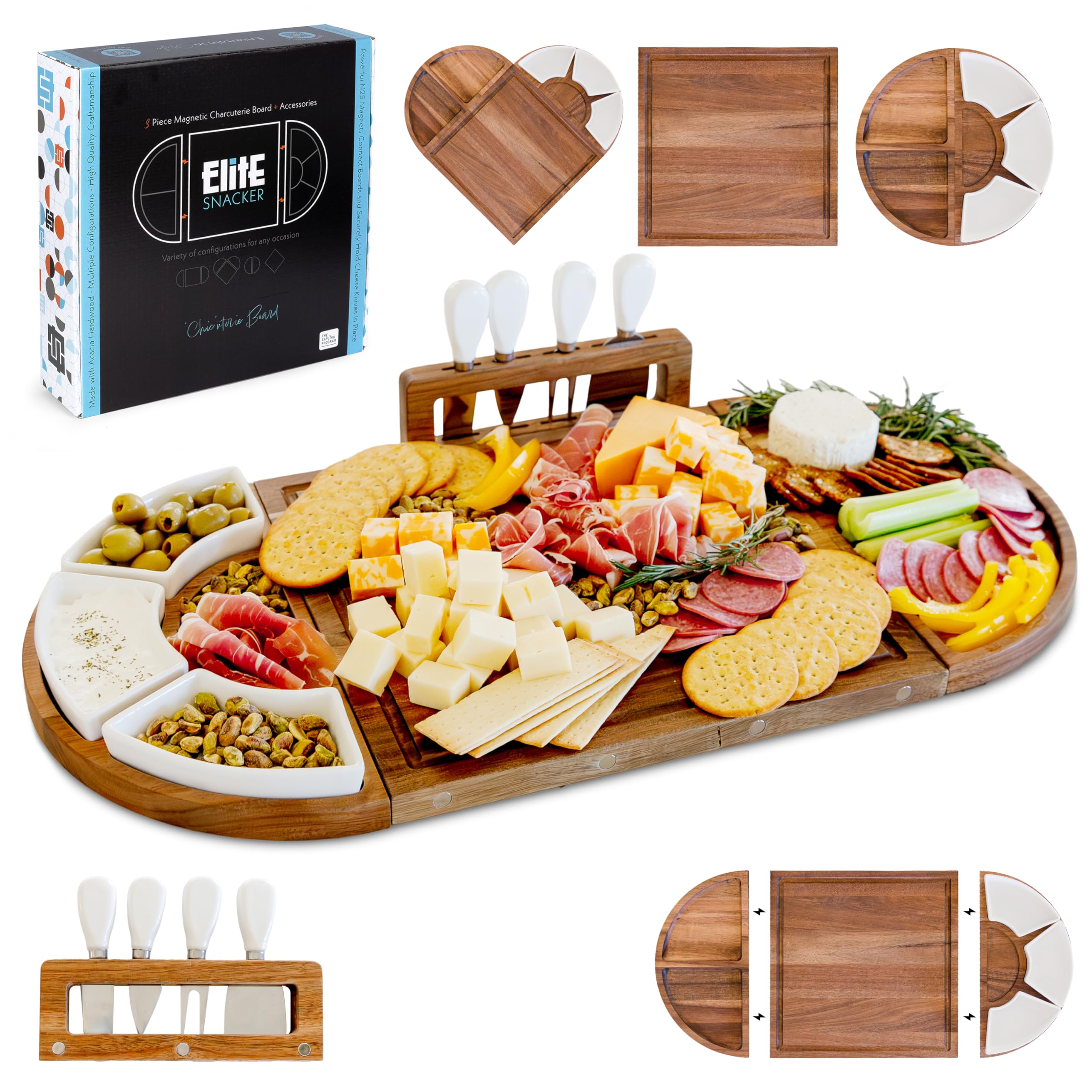 Large Wooden Charcuterie Board Set (Sealed Clear Finish) - 3-Piece Magnetic Long Serving Board Tray with Charcuterie Accessories - Acacia Wood Cheese Platter with Cheese Knife Set Dishes - Brown