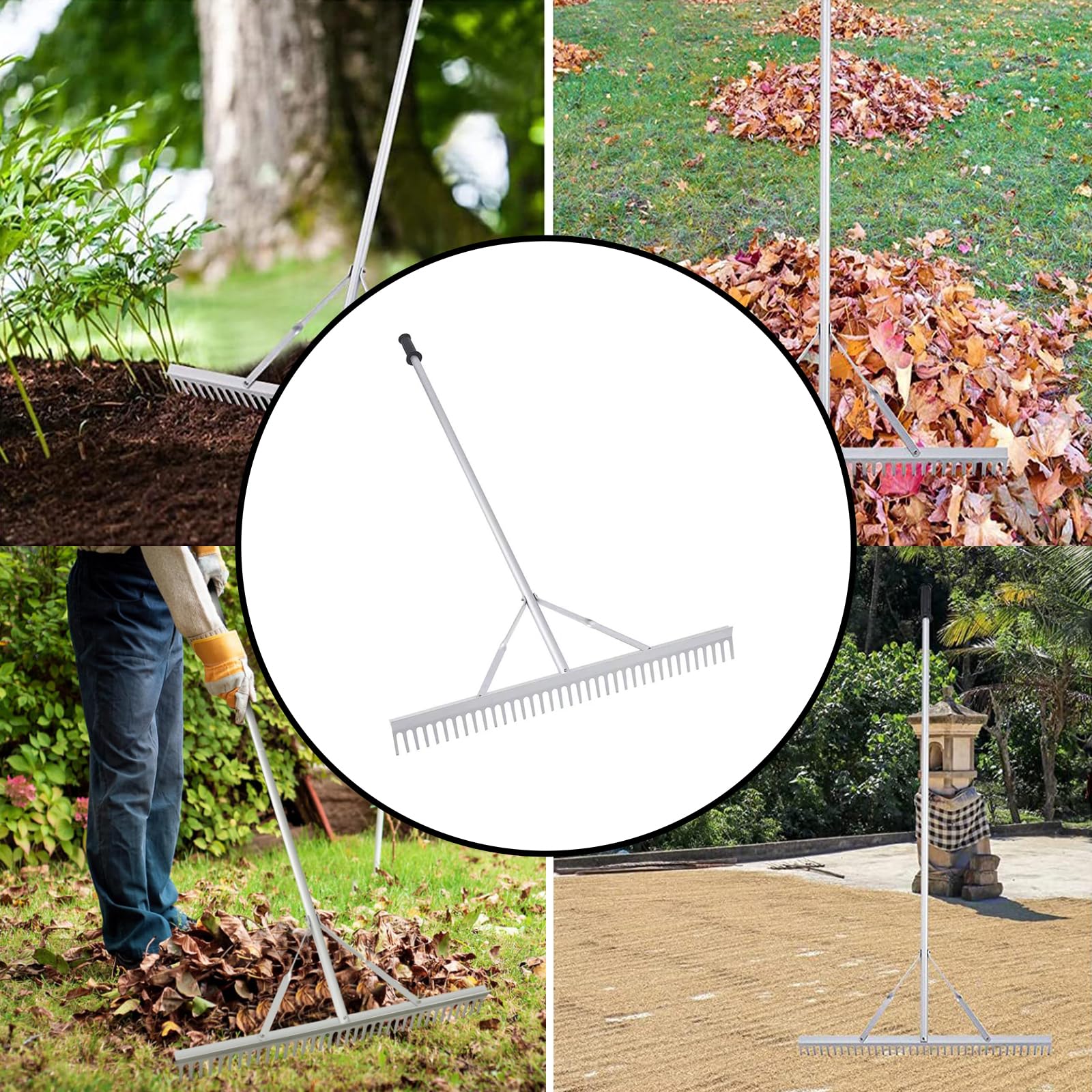 Grabie krajobrazowe – lekkie aluminiowe narzędzie na podwórko z odłączanym drążkiem 150 cm, 37 zębów, antypoślizgowy uchwyt do czyszczenia ogrodu, plaży, stawu i jeziora