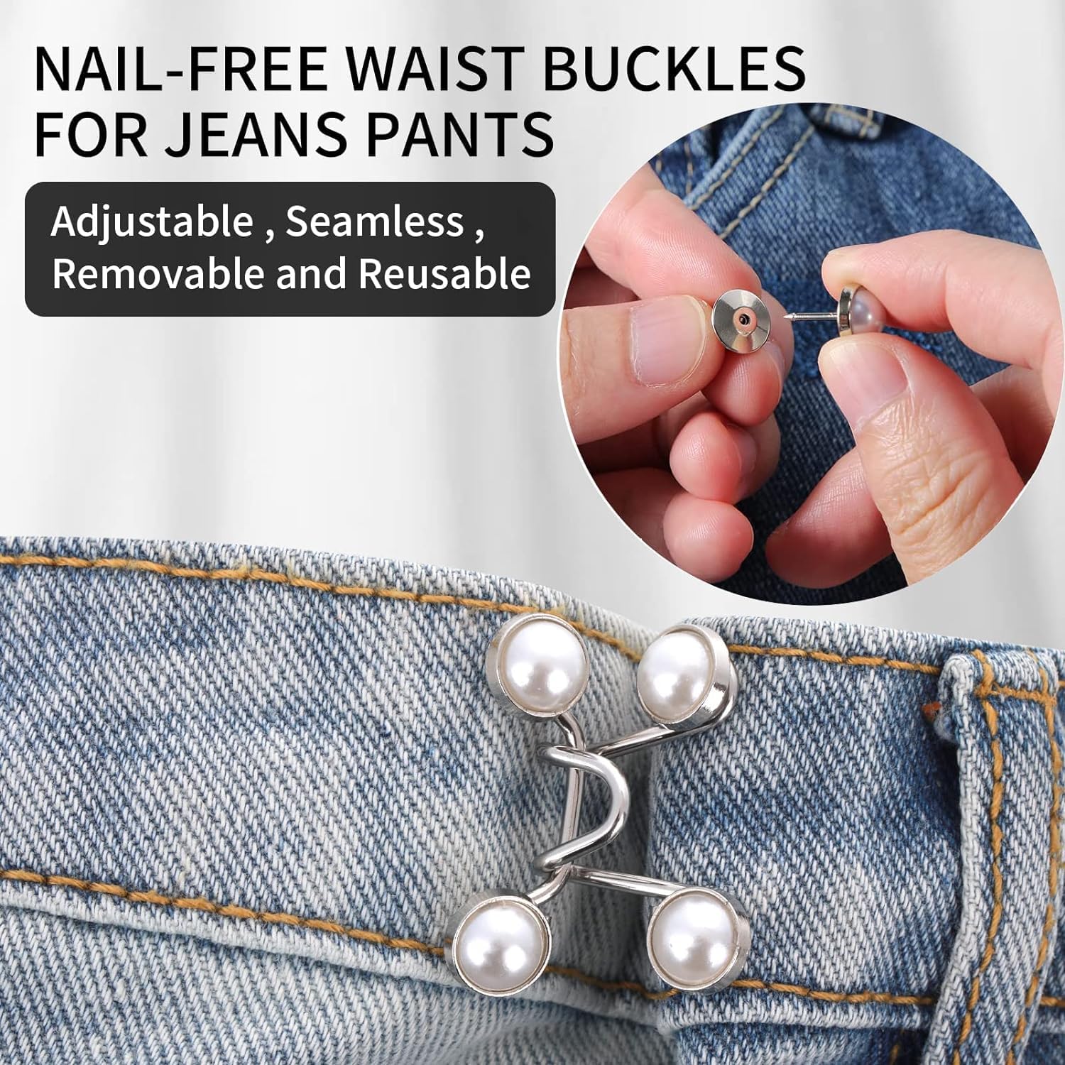 Zeugma Adjustable Jean Button,2 Sets Jean Button Pins,Adjustable Waist Buckle Extender for Jeans(White Pearl) Jeans, Waist Tightener Clips for Loose Jeans, Pants, Skirts 2