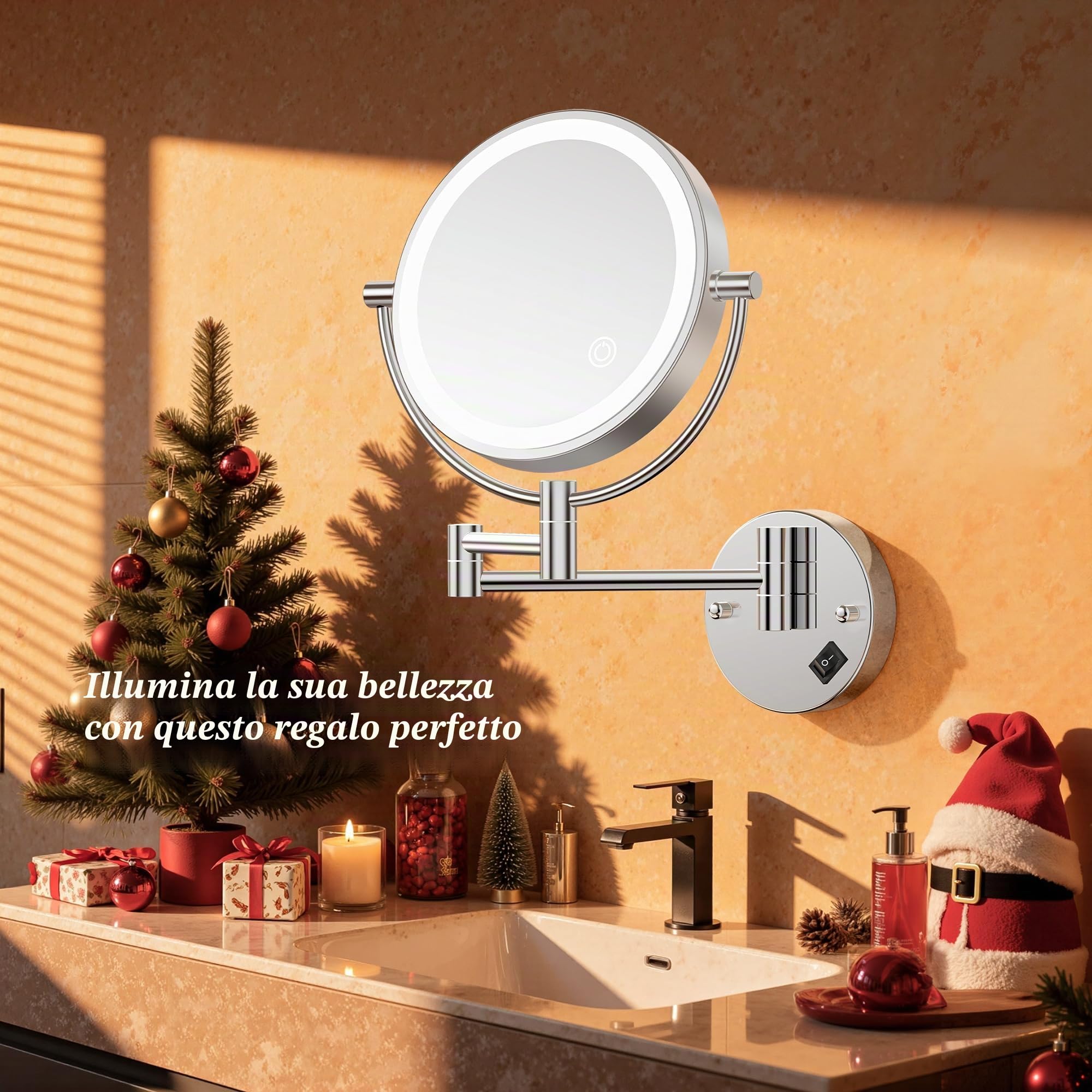 Auxmir Specchio da Parete, Ingrandimento 1X/30X, Specchio Trucco con Luci a 3 colori, Luminosità Regolabile, Specchio Bagno, Girevole a 360°, Alimentatore a Spina, Spegnimento Automatico, per Bagno