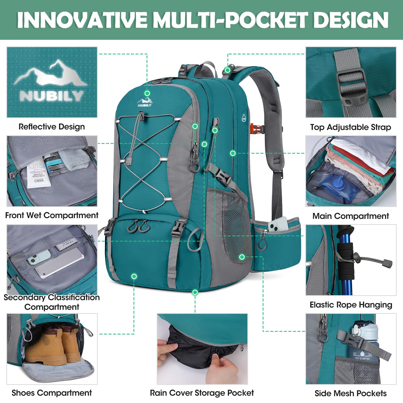 NUBILY Zaino Trekking 50L Impermeabile Montagna Uomo Escursionistico Donna Leggero da Viaggio Alla Moda Outdoor Campeggio Blu Verde