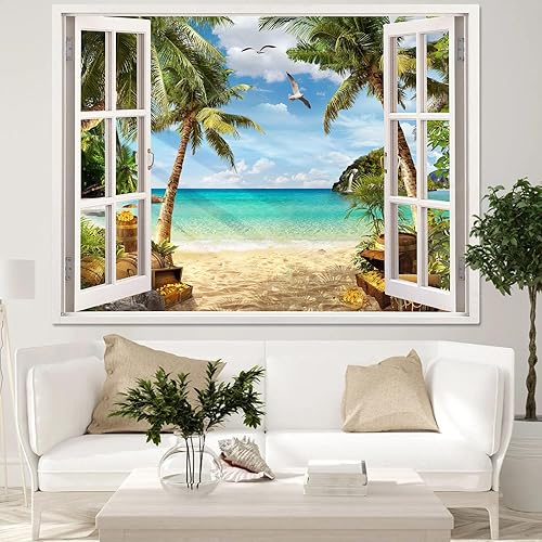 Miniatura 9 de Leeisysme Tapiz de paisaje de playa, océano tropical, isla de mar, palmera, playa, tapices para sala de estar, ventana de verano, para colgar en la