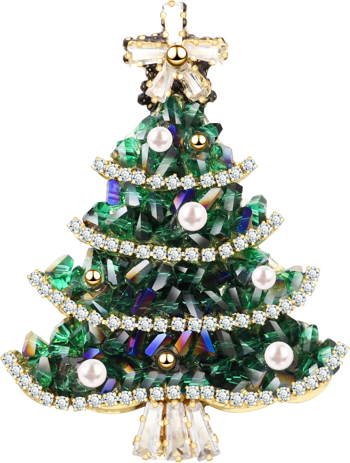 Winter Art Deco Silver Elegant Christmas Tree Brooch for Women Xmas Freshwater Pearl with Colorful Crystals Corsage Pin Mother Gift