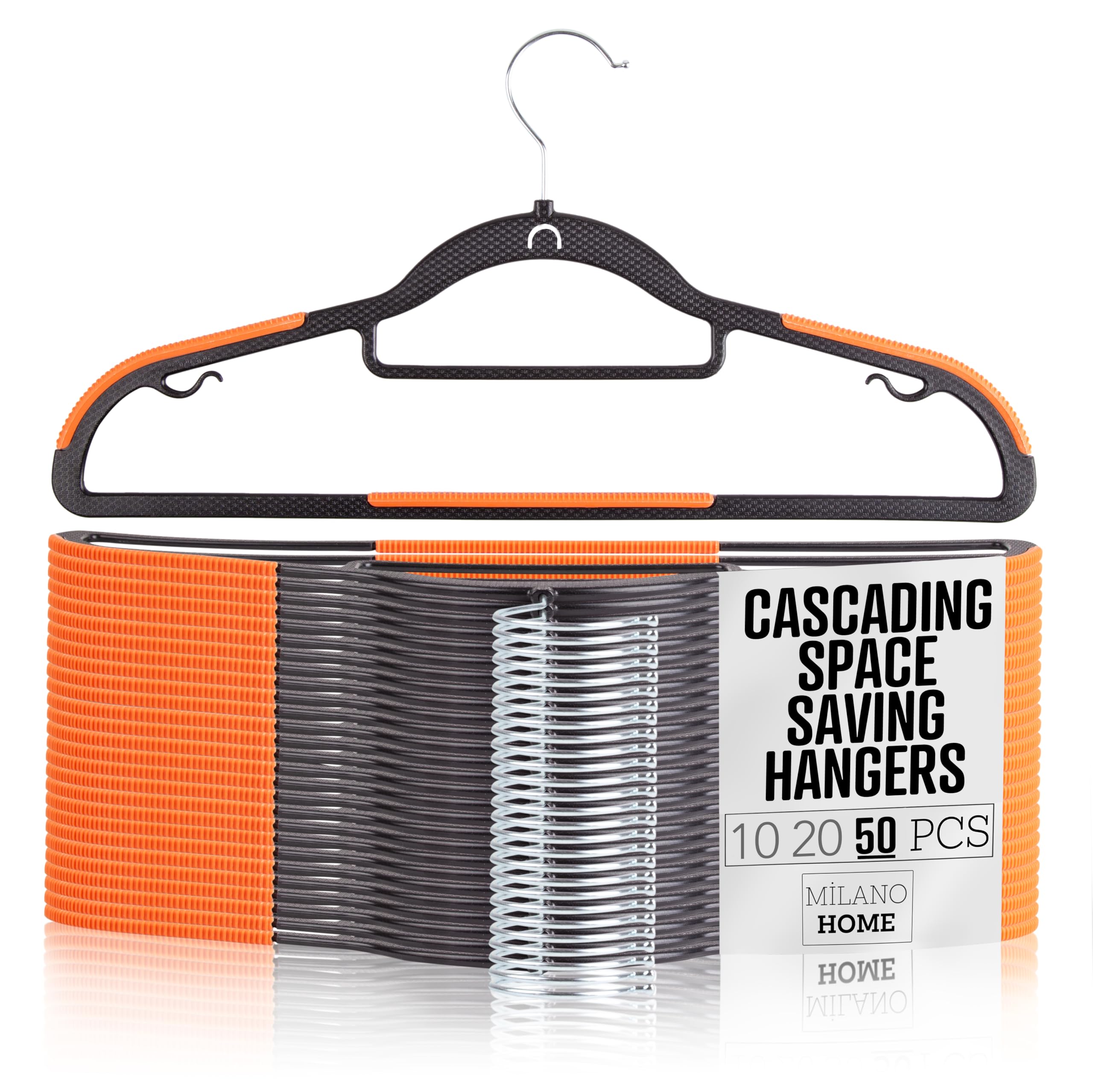 Plastic Hangers 50 Pack, Cascading Slim Space Saving Clothing Hangers with 360° Rotating Hook, Non Slip Clothes Hangers for Sweater Shirt, Heavy Duty Coat Hanger with Inner Hook for Closet, Black