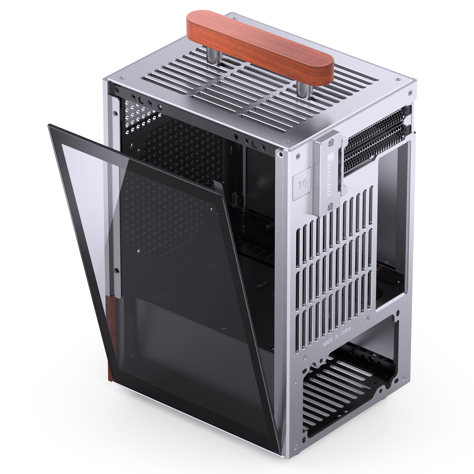 Jonsbo T6 Mini-ITX PC-Gehäuse – Silber, Tempered Glass & Holzgriff, Aluminium & Stahl, kompaktes Mini-Tower Case