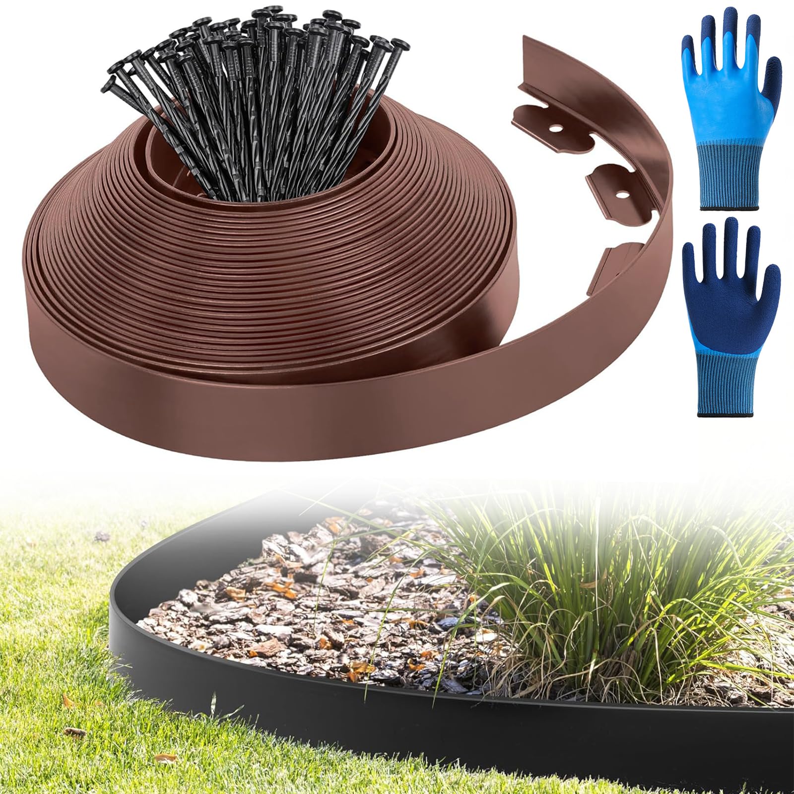 Borde flexible para césped de plástico, con 50 anclajes de tierra, borde de bancales de plástico, longitud 10 m, altura 5 cm (10 m x 5 cm, marrón)