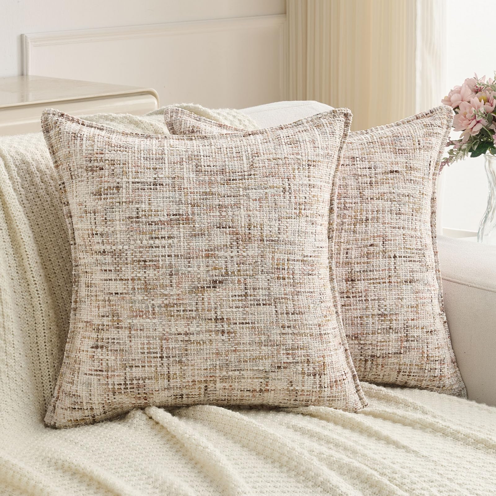 FUTEI Set of 2 Soft Tweed Chenille 45x45 cm Cushion Covers Farmhouse Micro-Check Textured Scatter Pillow Covers 45 x 45 cm Vintage Accent for Sofa Bed Living Room, Beige Brown — image 1
