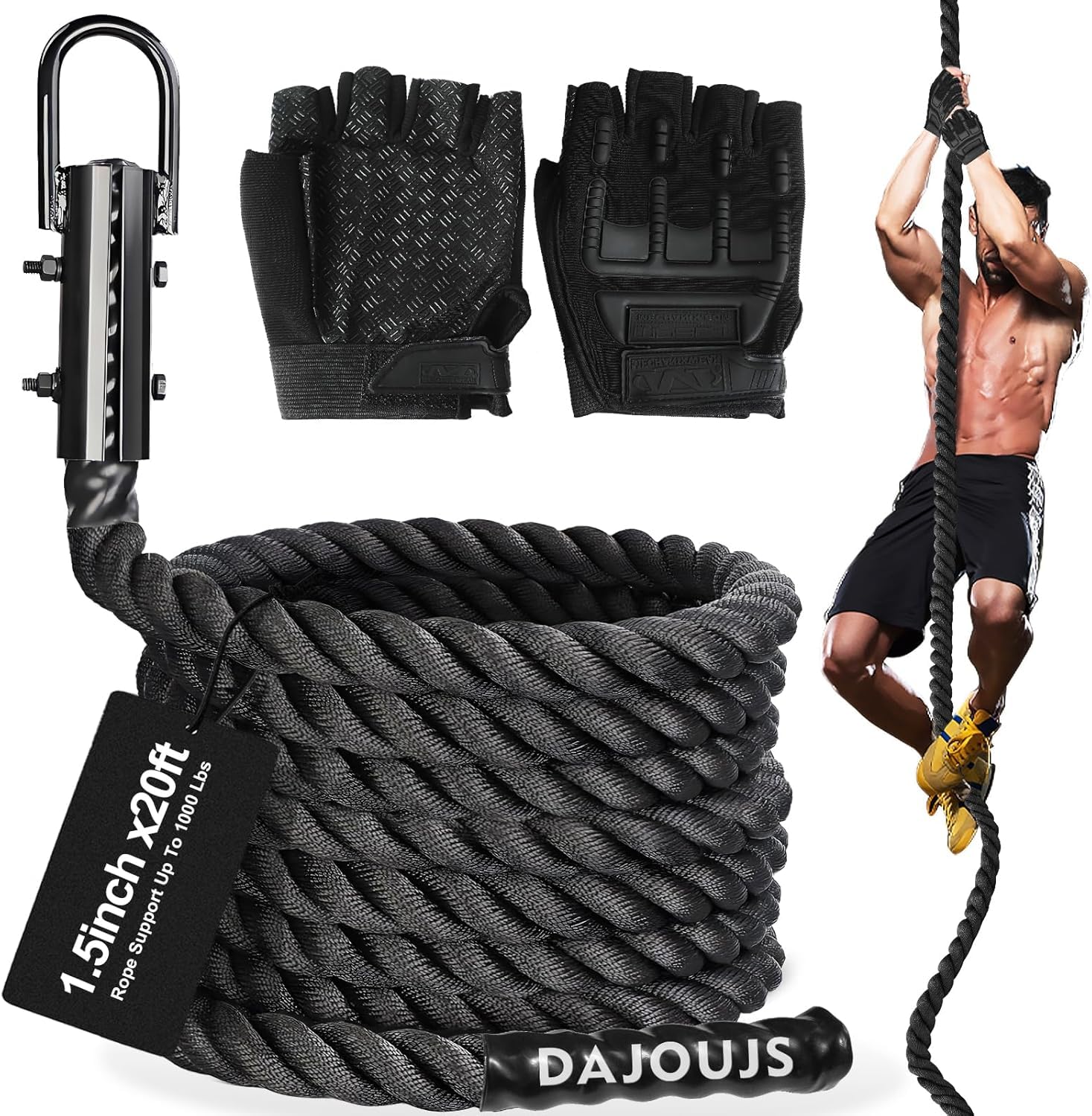 DAJOUJSClimbing Rope 1.5 Inch Diameter 10/15 / 20/30 Feet Length Gym Climbing Rope for Workout Fitness & Strength Training, Gym Rope, Exercise Climbing Rope in Black for Adults Outdoor & Indoor