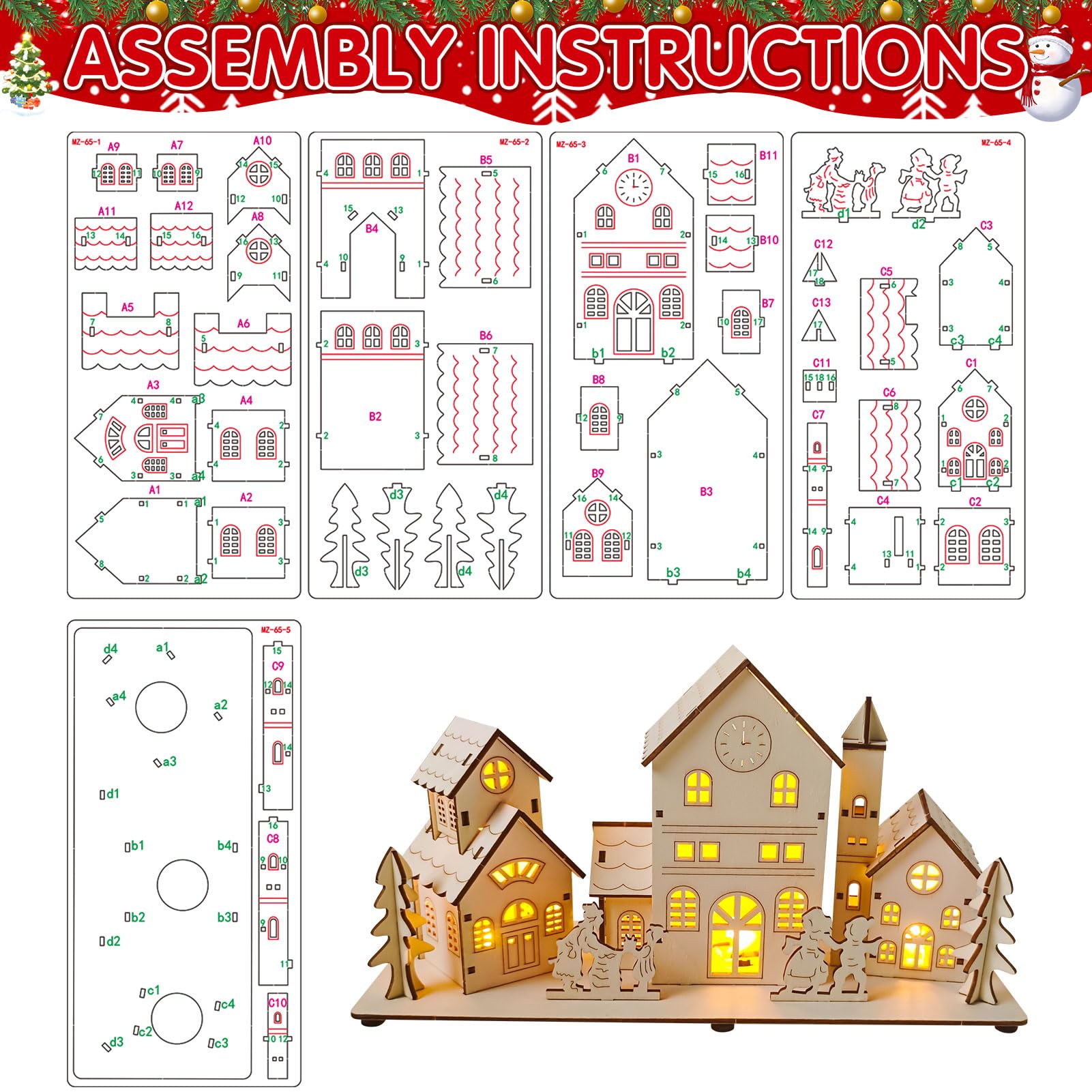 3 Stk Weihnachtsdorf Mit Beleuchtung, Weihnachtshaus Beleuchtet Aus Holz – Ansicht 3