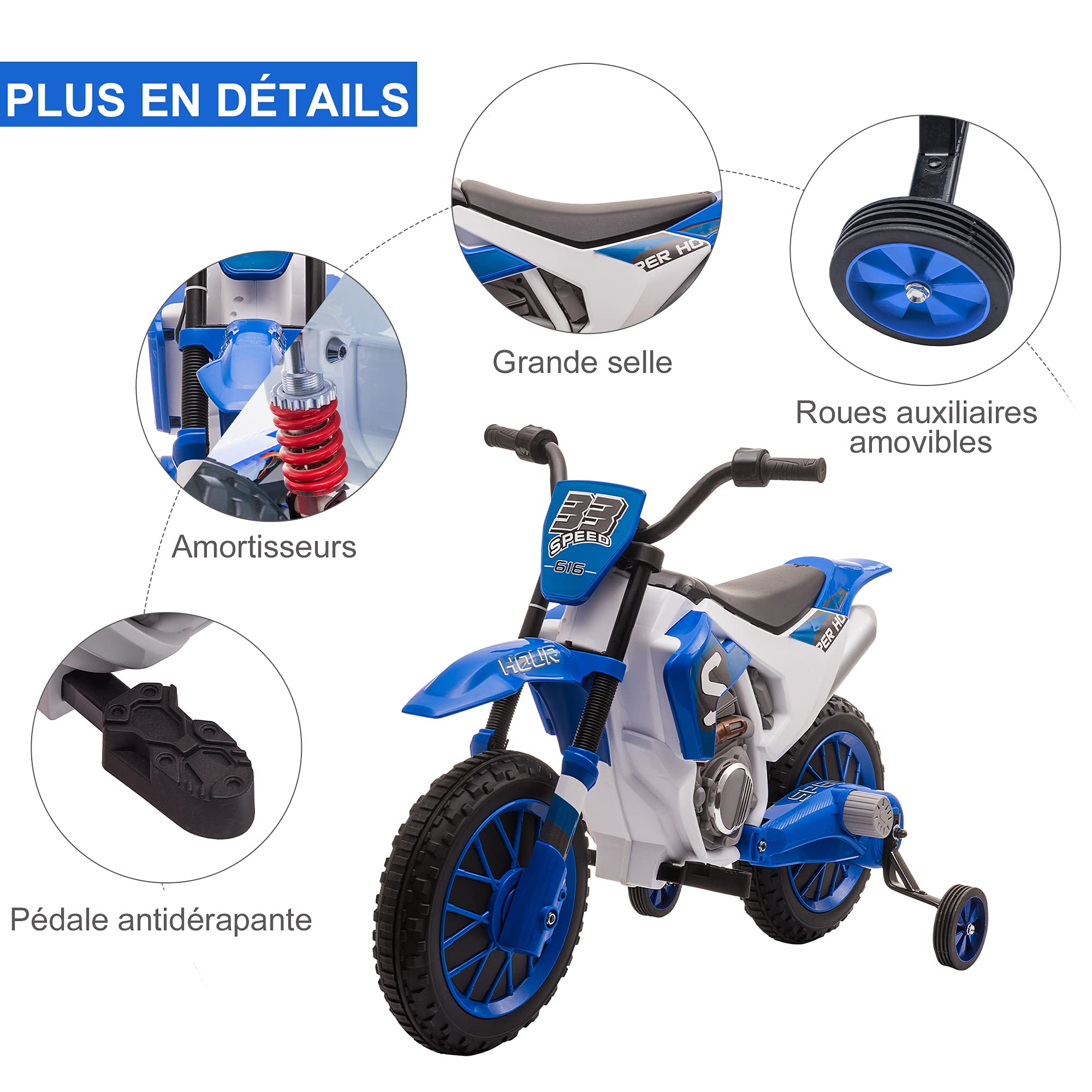 HOMCOM Moto Cross électrique Enfant 3 à 5 Ans 12 V 3-8 Km/h avec roulettes latérales Amovibles dim. 106,5L x 51,5l x 68H cm Bleu