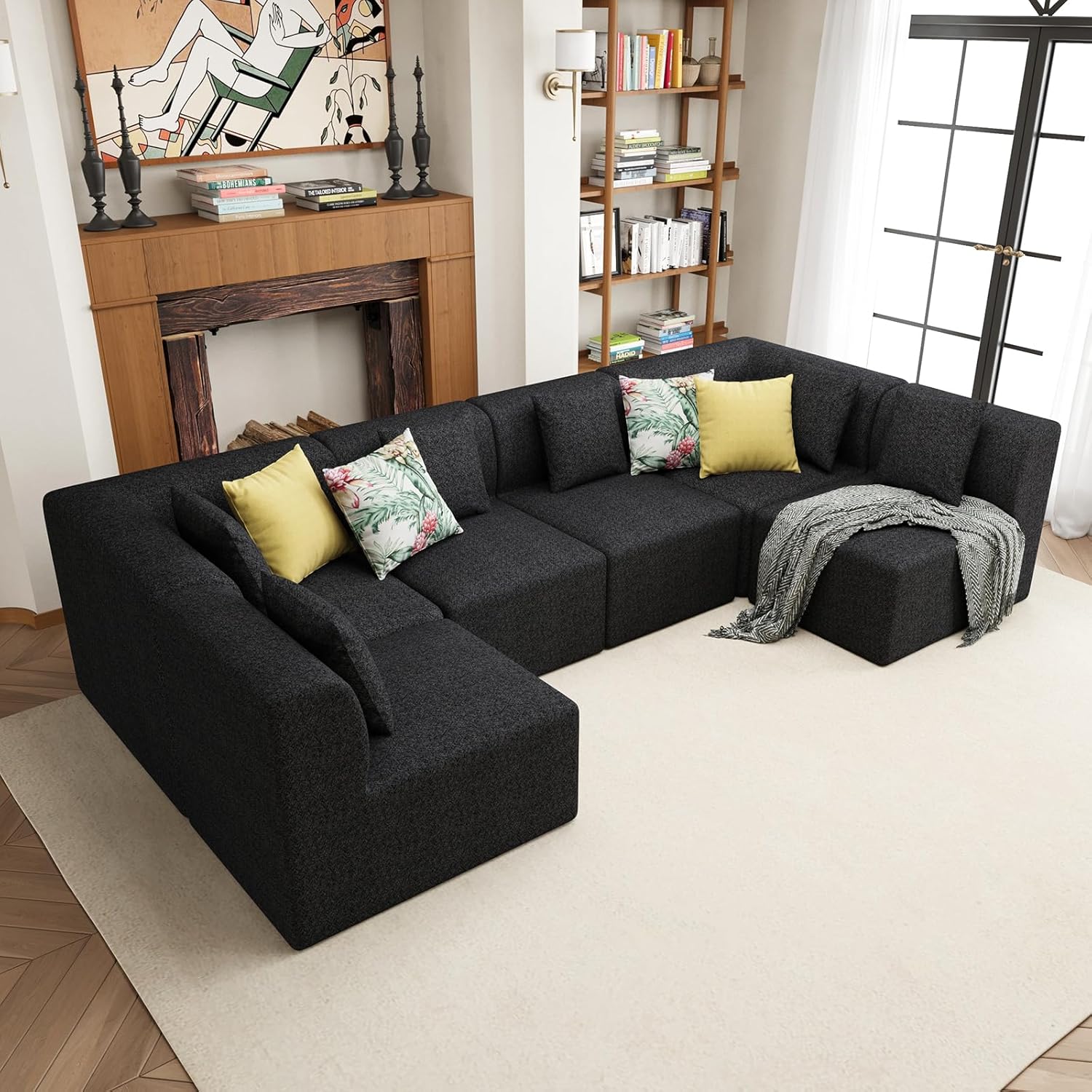 U Shaped Sectional - Exquisite Modular Sectional Sofa for Living Rooms, Cloud Couch Design with Recliner Comfort, Stylish Floor Couch with Fluffy Feel Black Middle Seat U Shaped