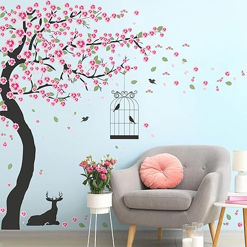 Miniatura 5 de Buiory 6 hojas de 12 x 18 pulgadas extraíbles de árbol gigante y flores rosas murales 3D DIY despegar y pegar cuarto de bebé decoración de pared de