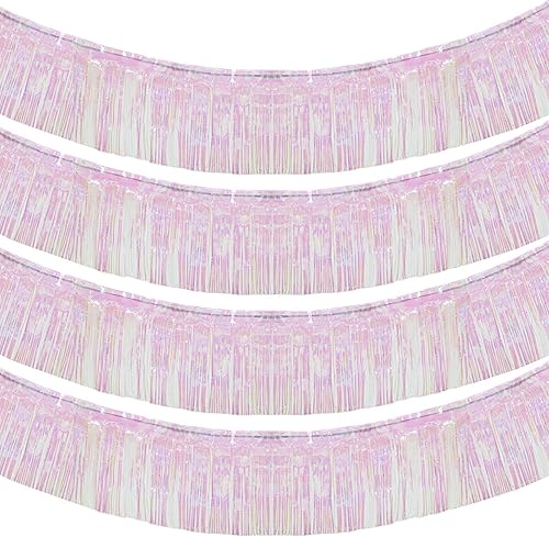 Miniatura 9 de Blukey Guirnalda de flecos de papel de aluminio fucsia de 10 pies por 15 pulgadas, paquete de 4, pancarta de oropel metálica brillante, ideal para