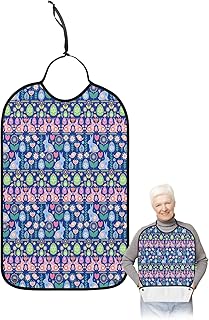 Kewadony Adult Bibs for Elderly Women - Easter Waterproof Dining Clothing Protectors with Crumb Catcher for Eating/Feeding, Bunny Easter Egg Flowers Bird Retro Navy Blue Terry Cloth Bib Washable