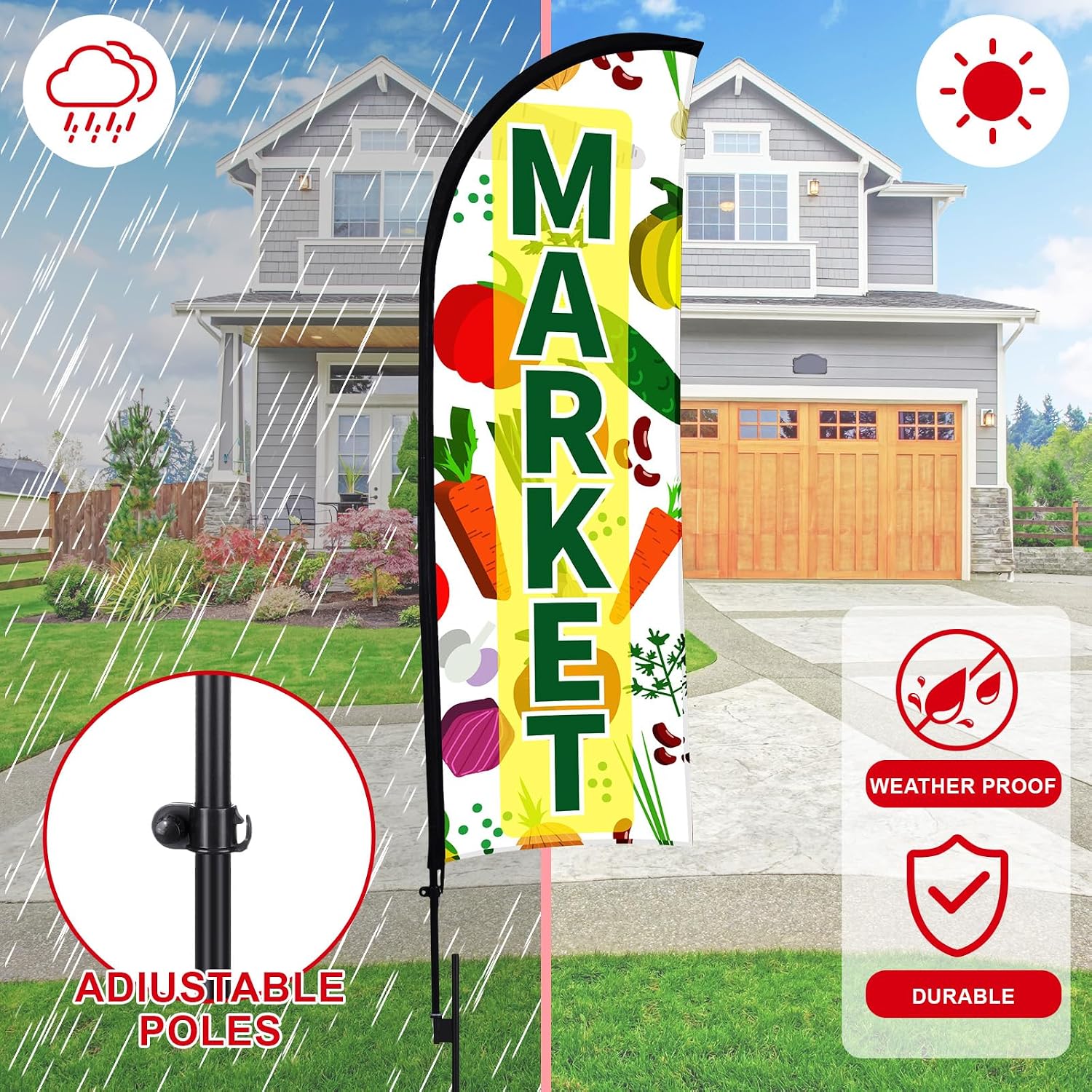 Buryeah 3 Pack 12ft Fresh Produce Farmers Market Feather Flags Banners Advertising Sign Fresh Produce Flag with Flag Pole Ground Stake Portable Bag for Food Advertising Vegetable Business (Green)
