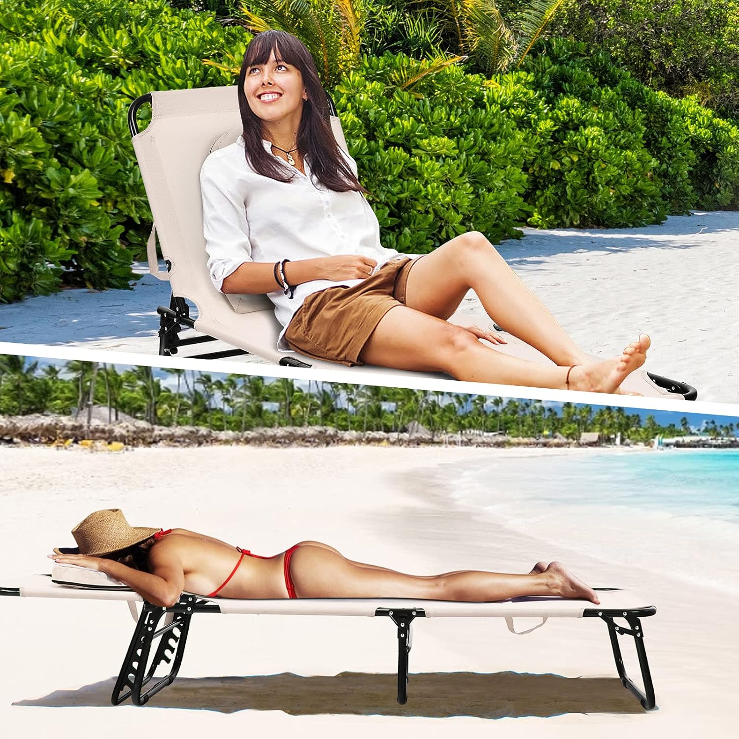 COSTWAY Folding Chaise Lounge Chair Bed Adjustable Patio Beach Camping Recliner Beige