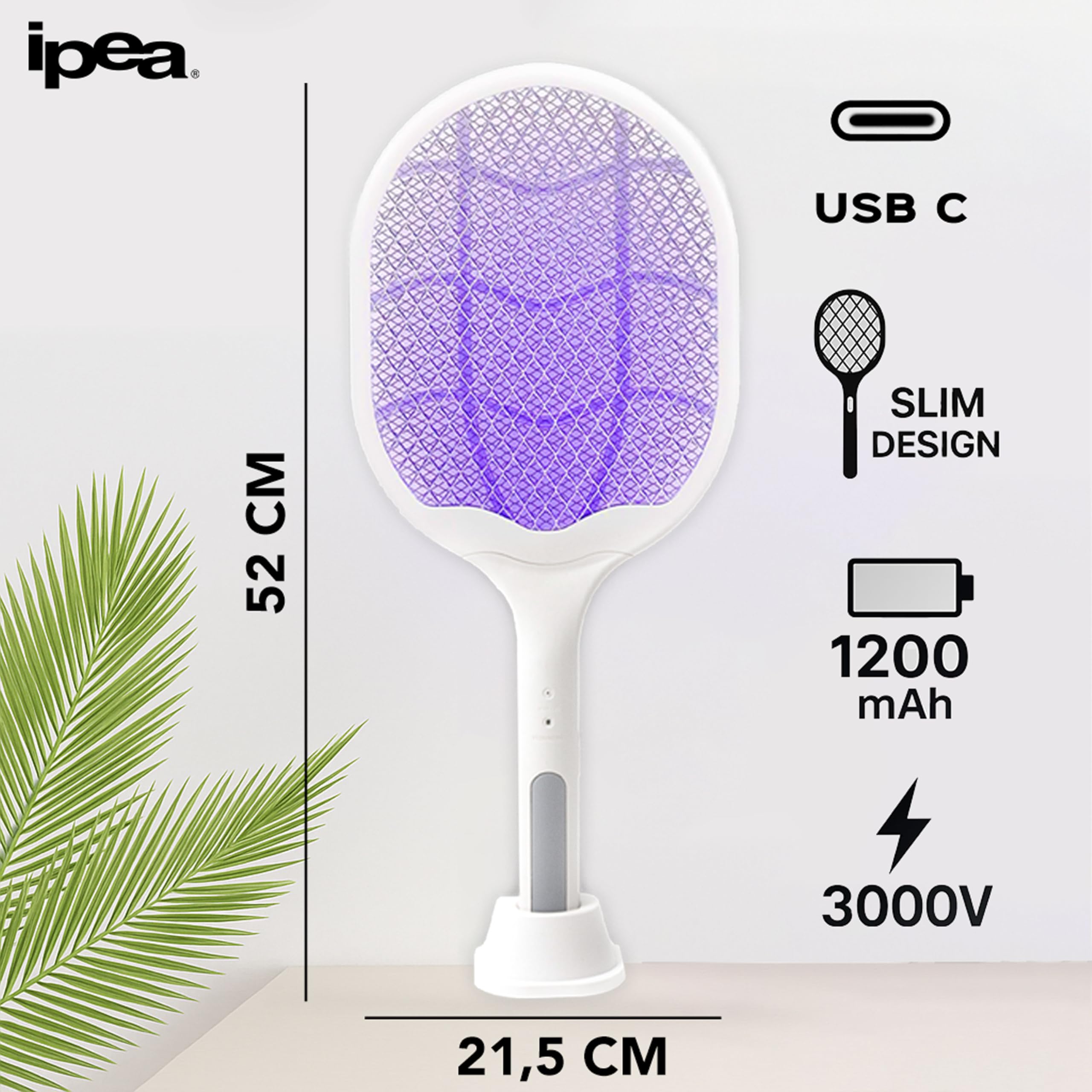 IPEA Racchetta Zanzare Elettrica Ricaricabile USB-C 2 in 1 3000V 1200 mAh