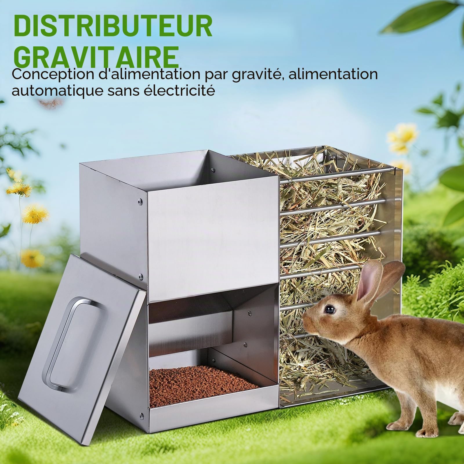 Râtelier à foin 2 en 1 en acier inoxydable - Distributeur de nourriture pour lapins - Litière pour chat - Bouteille d'eau - Gamelles pour hamster