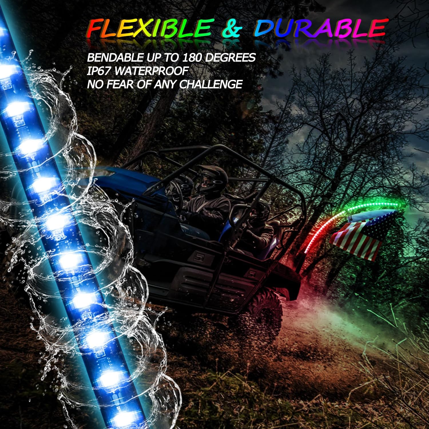 3FT LED Whip Light, Niwaker Smoked Black RGB Whip Light Kits with RF Remote Control RGB Dancing/Chasing Lights Antenna LED Whip for ATV UTV Off Road Truck Polaris RZR Can Am Golf Cart Dune Buggy