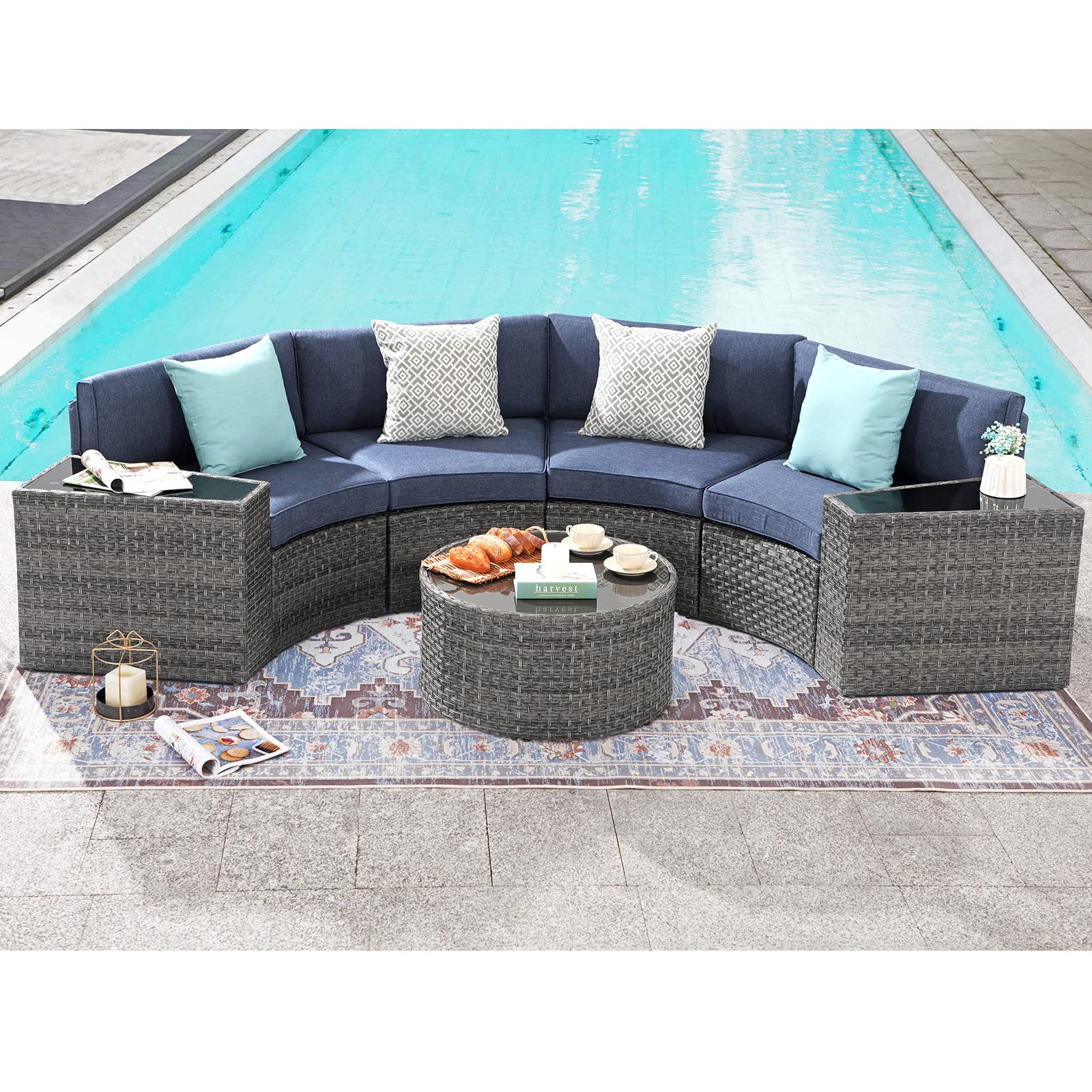 SUNSITT Outdoor Patio Furniture Sectional 7-Piece Half-Moon Curved Outdoor Sofa Set with Round Coffee Table, 4 Pillows & Waterproof Cover, Grey Rattan