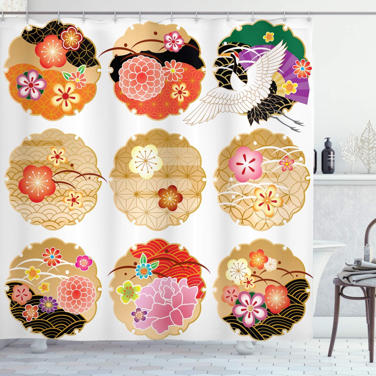 Ambesonne Japanese Shower Curtain, Floral Round Patterns Antique Nature Style Theme Art Oriental Print Contemporary, Cloth Fabric Bathroom Decor Set with Hooks, 69" W x 70" L, Multicolor