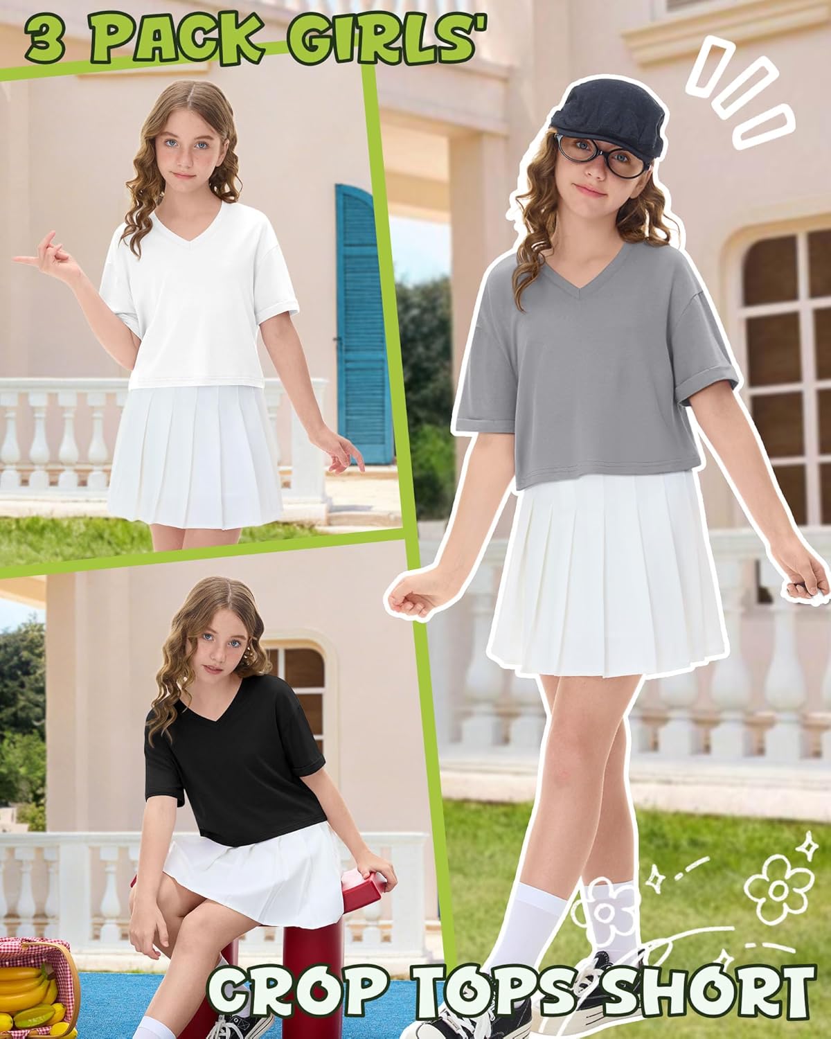 3 Pack Girls' Crop Tops Short Sleeve V Neck Athletic T-Shirts Loose Kids Drop Shoulder Rolled Cuff Basic Tees 5-14Y - Image 5