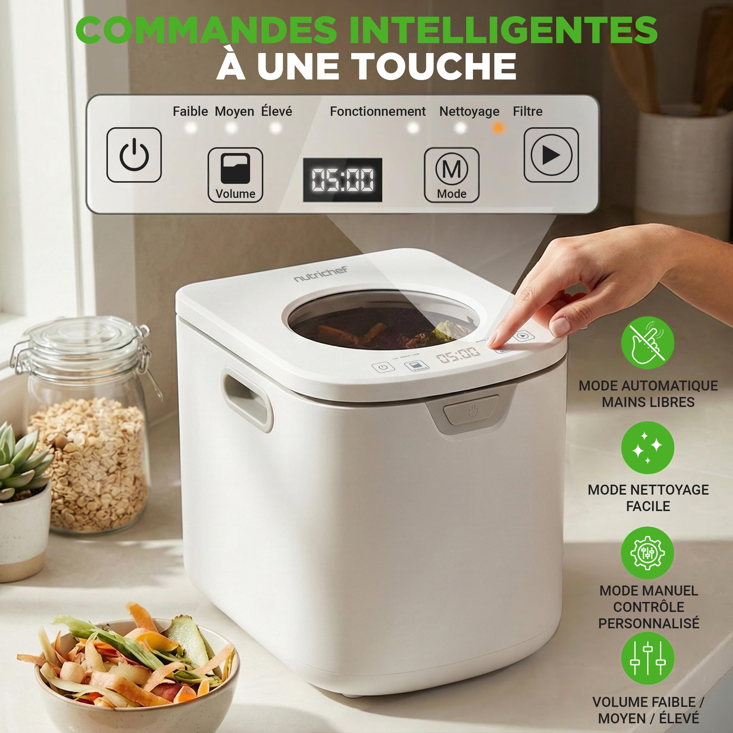 NutriChef composteur électrique de Cuisine 3,8 L – Composteur Intelligent de comptoir avec 2 filtres à Charbon Anti-odeurs, 3 Modes automatiques, Usage intérieur, Blanc