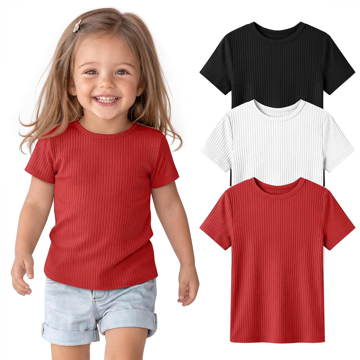 3 Pack Toddler Girls' Ribbed Shirts Short Sleeve Crew Neck T Shirts Knit Slim Fit Soft Solid Base Layer Tee 18M-5T