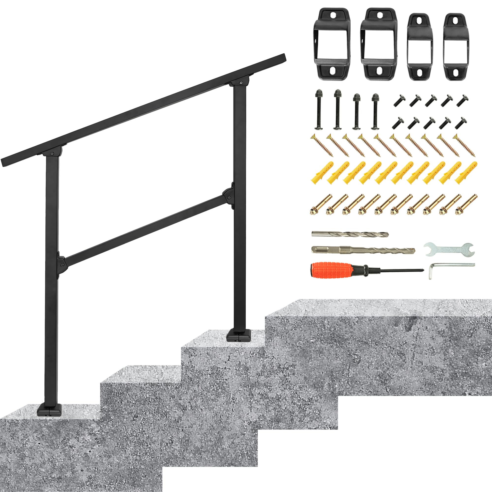 Outdoor Handrail for Stairs Fit 2-3 Steps, Wrought Iron Handrail for Outside Steps, |Adjustable Porch Railings | Deck Hand Rail | Indoor Stair Railing Kit for Concrete Step or Wooden Stairs