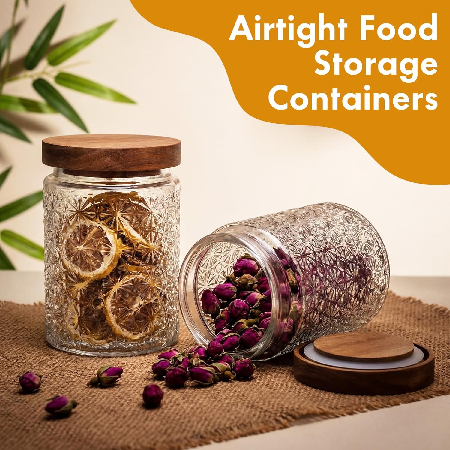 Suclain 6 Pack 23.7 oz Vintage Glass Jar with Wooden Lids Airtight Storage Food Container Jar for Kitchen Bathroom Pantry Decorative Vintage Canister for Coffee Beans, Brown Sugar(Stars)
