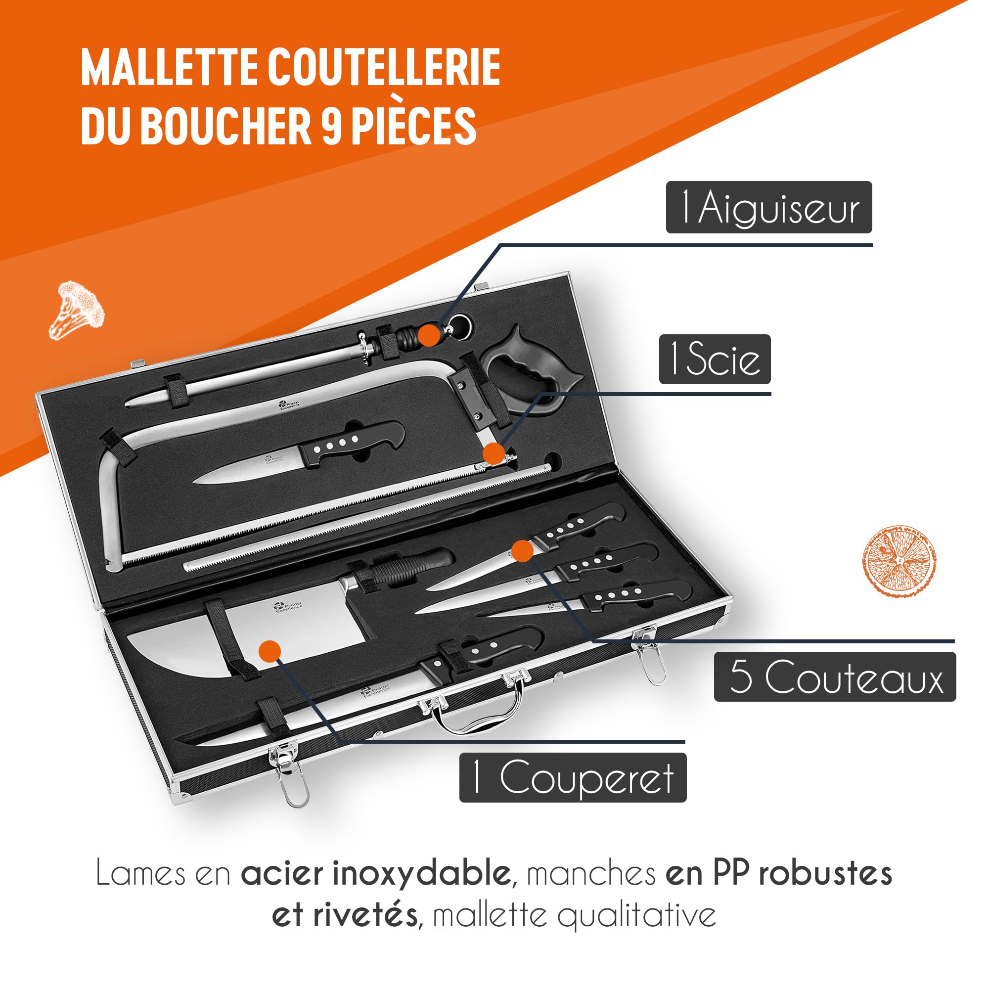 Pradel Excellence - Mallette Coutellerie du Boucher 9 Pièces - Couteaux de Boucher, Scie, Aiguiseur - Acier Inoxydable 420J2 - Mallette Aluminium - Logo Gravé, Noir,argent