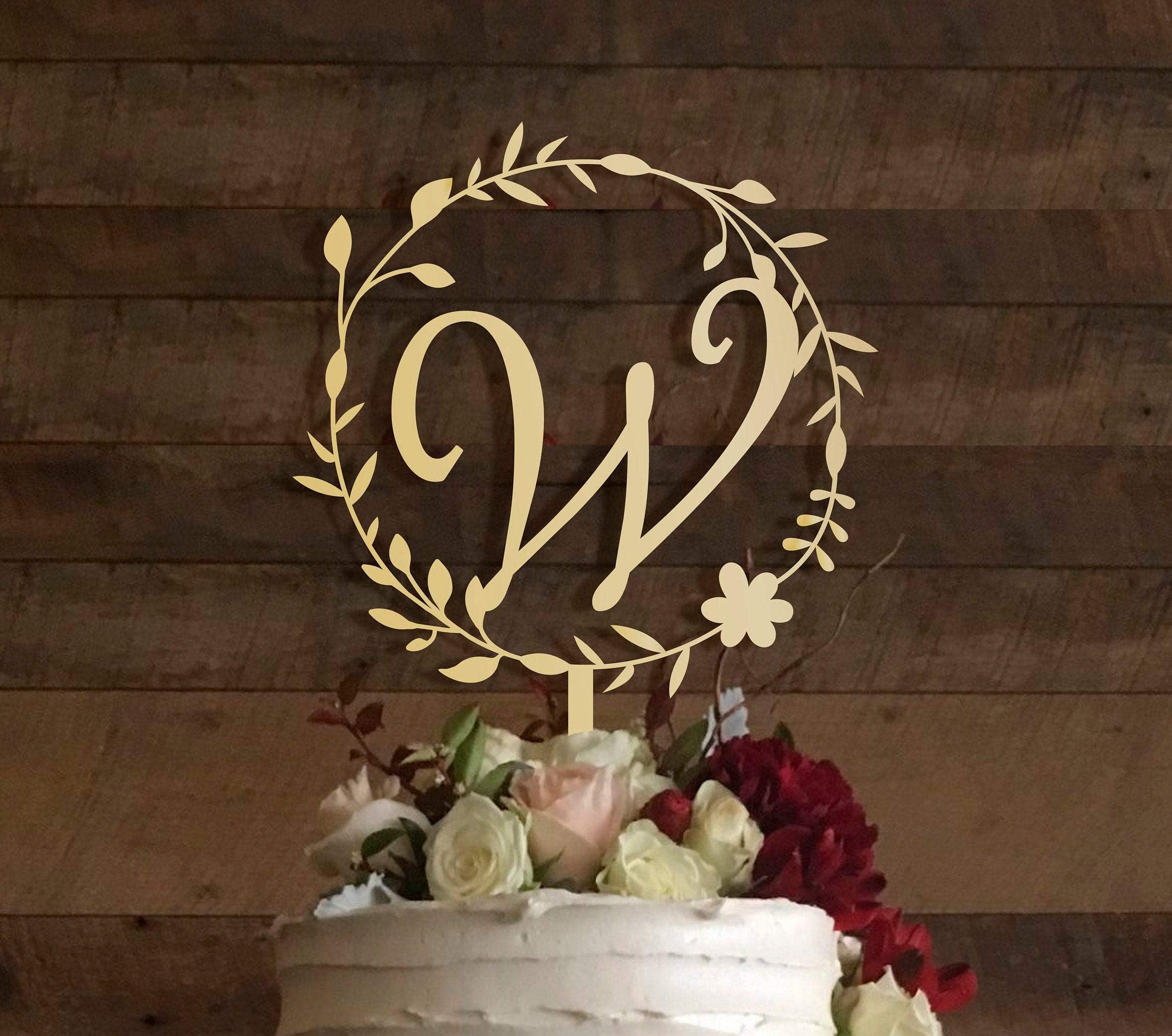 WeBenisonKISKISTONITE Gold W Cake Topper, Wedding Occasion, 1 Piece, Acrylic, Rustic Wedding Cake Topper, Wreath Letter W