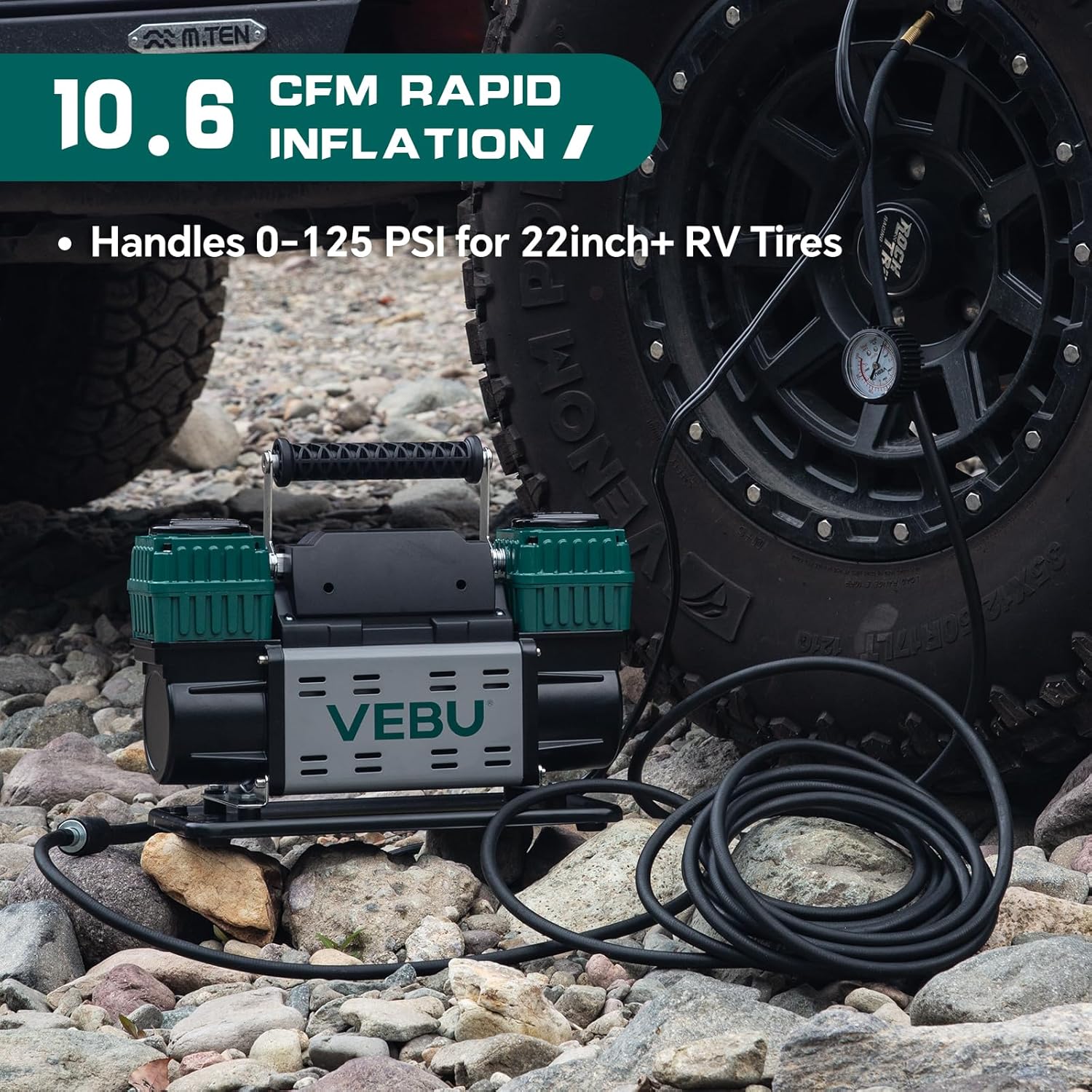 Heavy Duty Air Compressor 12V Tire Inflator, Dual Cylinder 125PSI with In-line Pressure Gauge, 10.6CFM Fast Inflation for Off-road Vehicles, Trucks, SUVs, RVs, ATVs, DC Power, Corded Electric