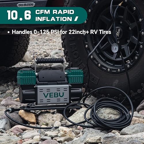 Miniatura 4 de Compresor de aire resistente 12V inflador de neumáticos, cilindro dual 125PSI con manómetro en línea, 10.6CFM inflación rápida para vehículos todo