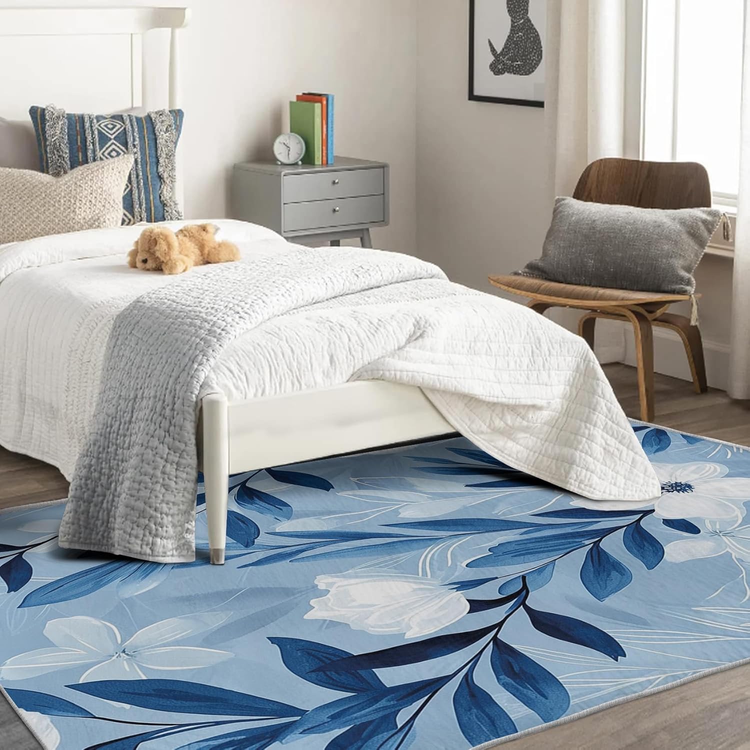 Floral Rugs for Bedroom - Washable Rugs Floral Rug & Home Decor, 2x3 Area Rug, Blue Leaf Flower Rugs for Entryway, Non Slip Low Pile Small Indoor Door Mat, Girls Botanical Carpet & Room Decorations