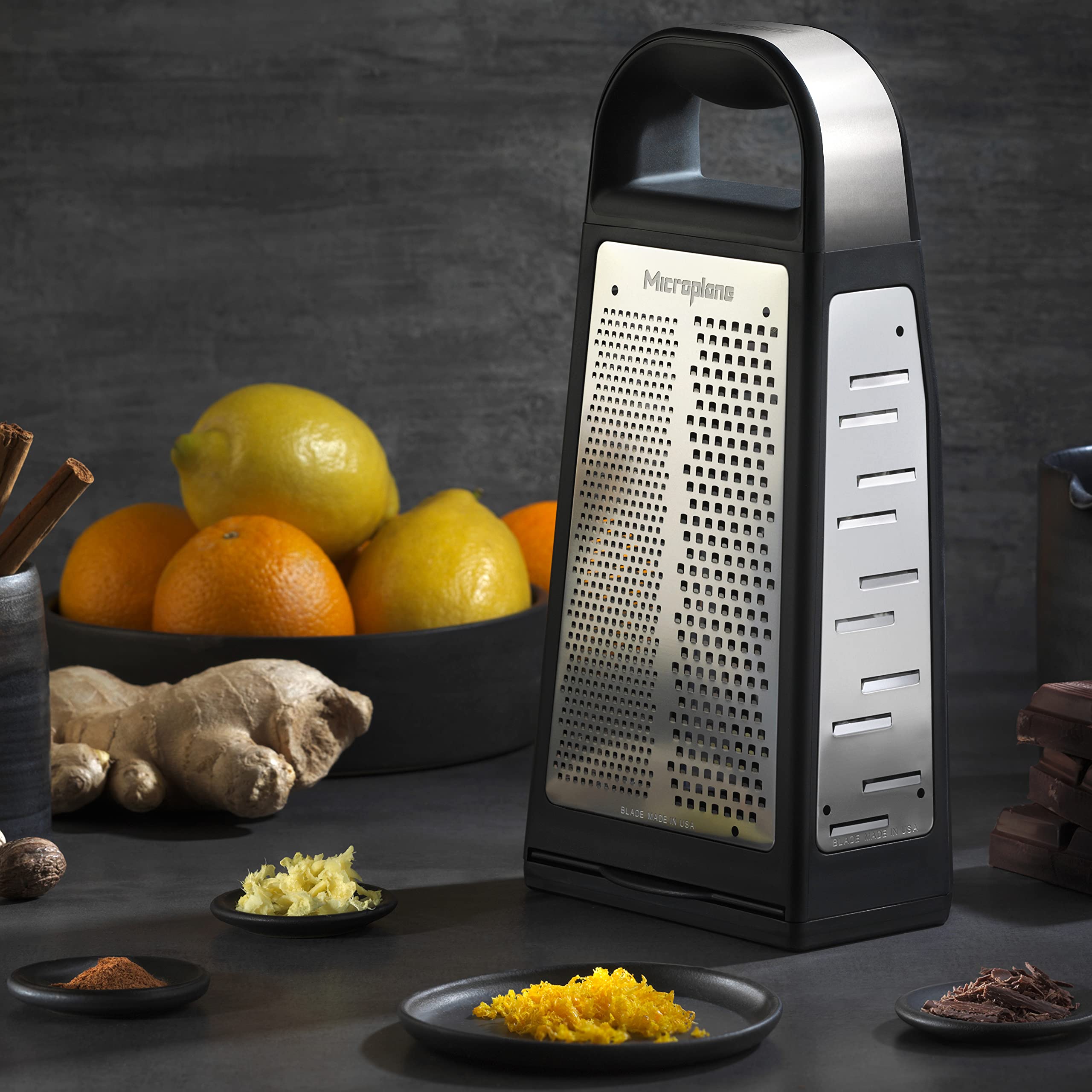 Microplane Râpe Multi-Faces Elite avec 5 Styles de Lames: Fine, Gros Grains, Ultra Gros Grains, Double Tranchant et Coupe Large - Râpe de Cuisine avec des Lames en Acier Inoxydable