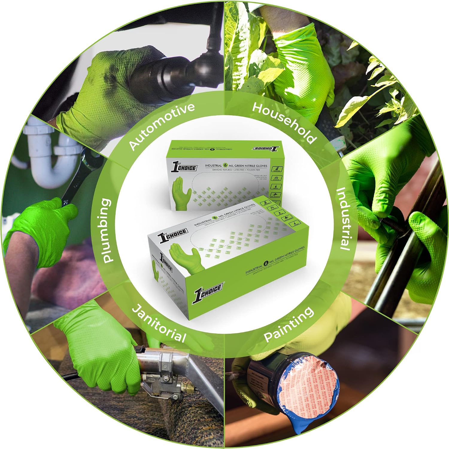 1st Choice Orange & Green Nitrile Disposable Gloves, Raised Diamond Texture, Latex-Free, Food-Safe, Auto, Cleaning, Kitchen