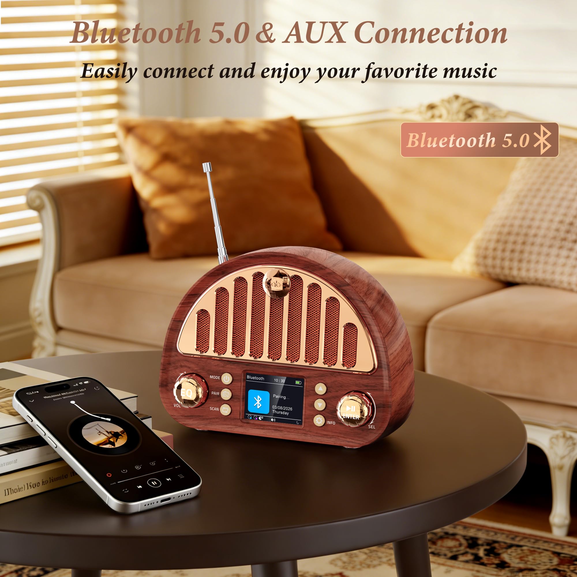 Mesqool Tragbares DAB+/UKW Radio, Retro Radio mit Bluetooth 5.0, Nostalgie Radio Klein mit 3000mAh Akku und Farbdisplay, EQ-Soundeffekt, 80 Voreinstellungen, TF/AUX Anschluss, Doppelwecker