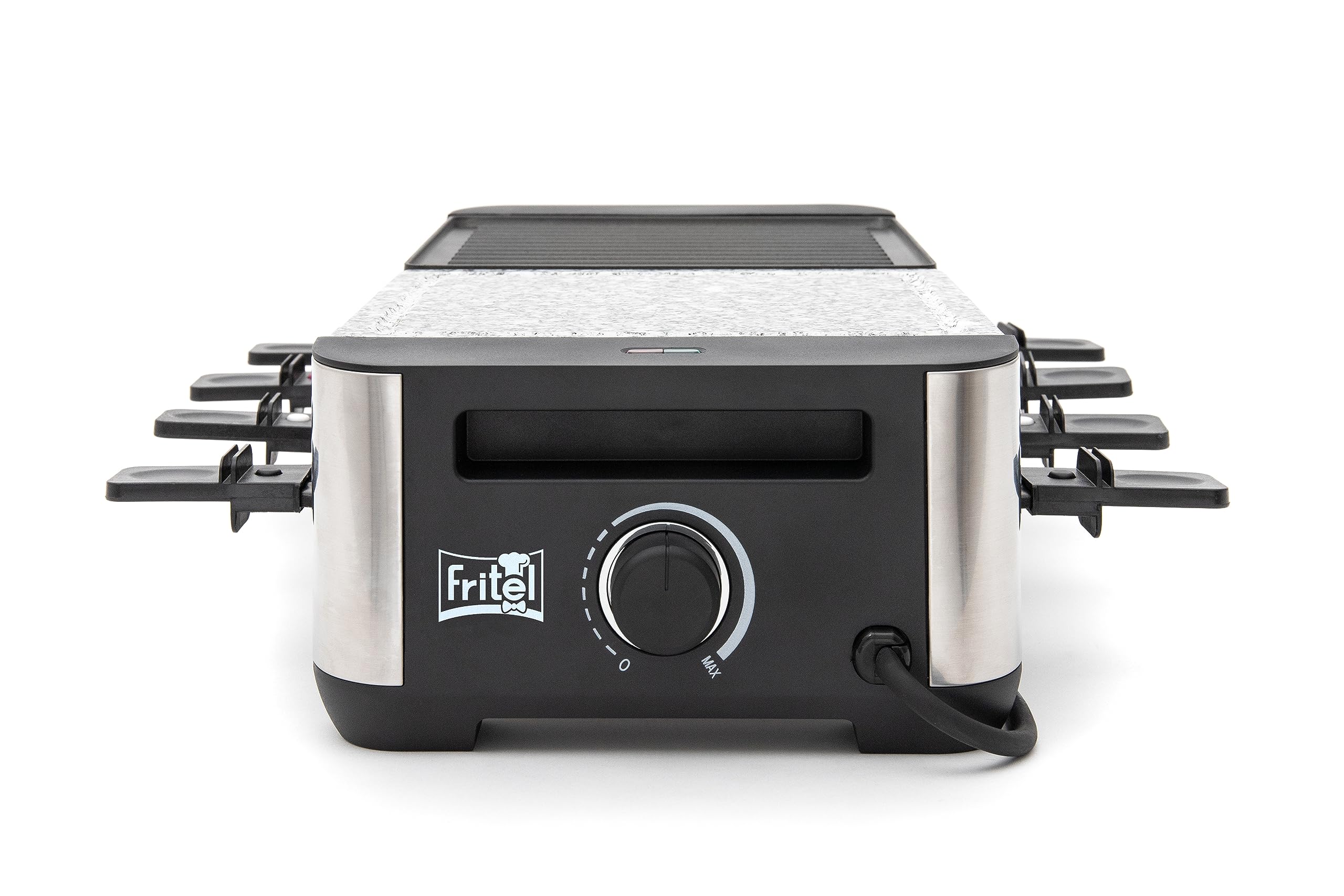 FRITEL RSG 3280 Grill en pierre à raclette - Plaque de cuisson 2 en 1 - Fonction barbecue en pierre et raclette - Plaque de cuisson réversible - 8 poêlons et spatules - 2 à 8 personnes