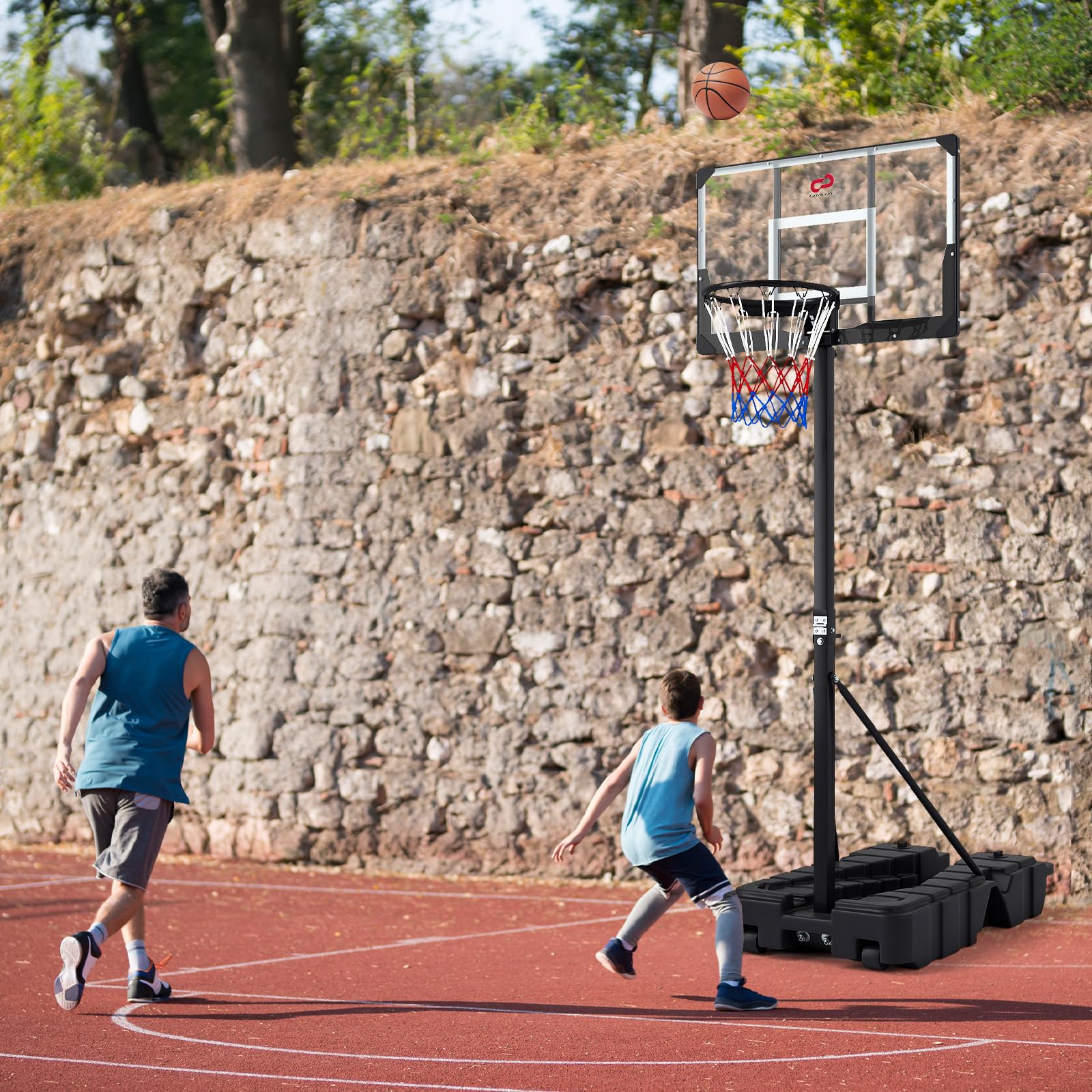 COSTWAY Canestro da Basket da Esterno ed Interno, Canestro da Basket Professionale e Pieghevole con Altezza Regolabile 230-305 cm, Tabellone in PC Infrangibile e Base Mobile con Ruote e Riempibile