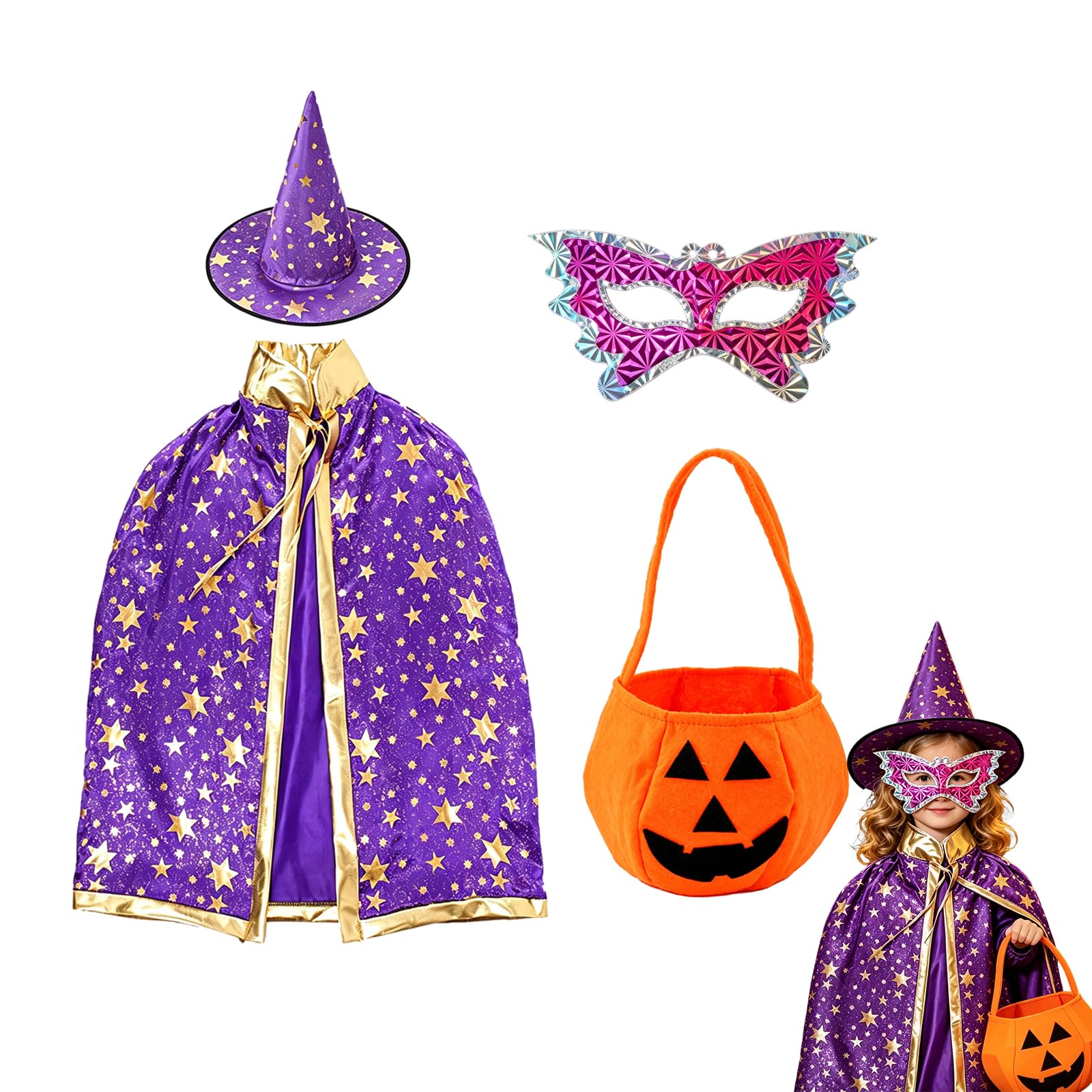 4pcs Wizard Costume Set with Purple Cape and Hat, Complete Halloween Role-Play Outfit for Children Aged 3-12 Years, Includes Matching Eye Mask and 3D Pumpkin Bag for Parties and Dress-Up Events